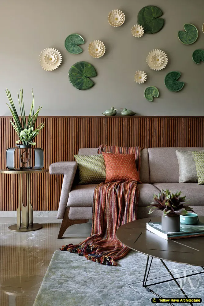 Earth Tone — study with green timber-slatted feature wall, dark stone desk, leather office chair and open bookcase