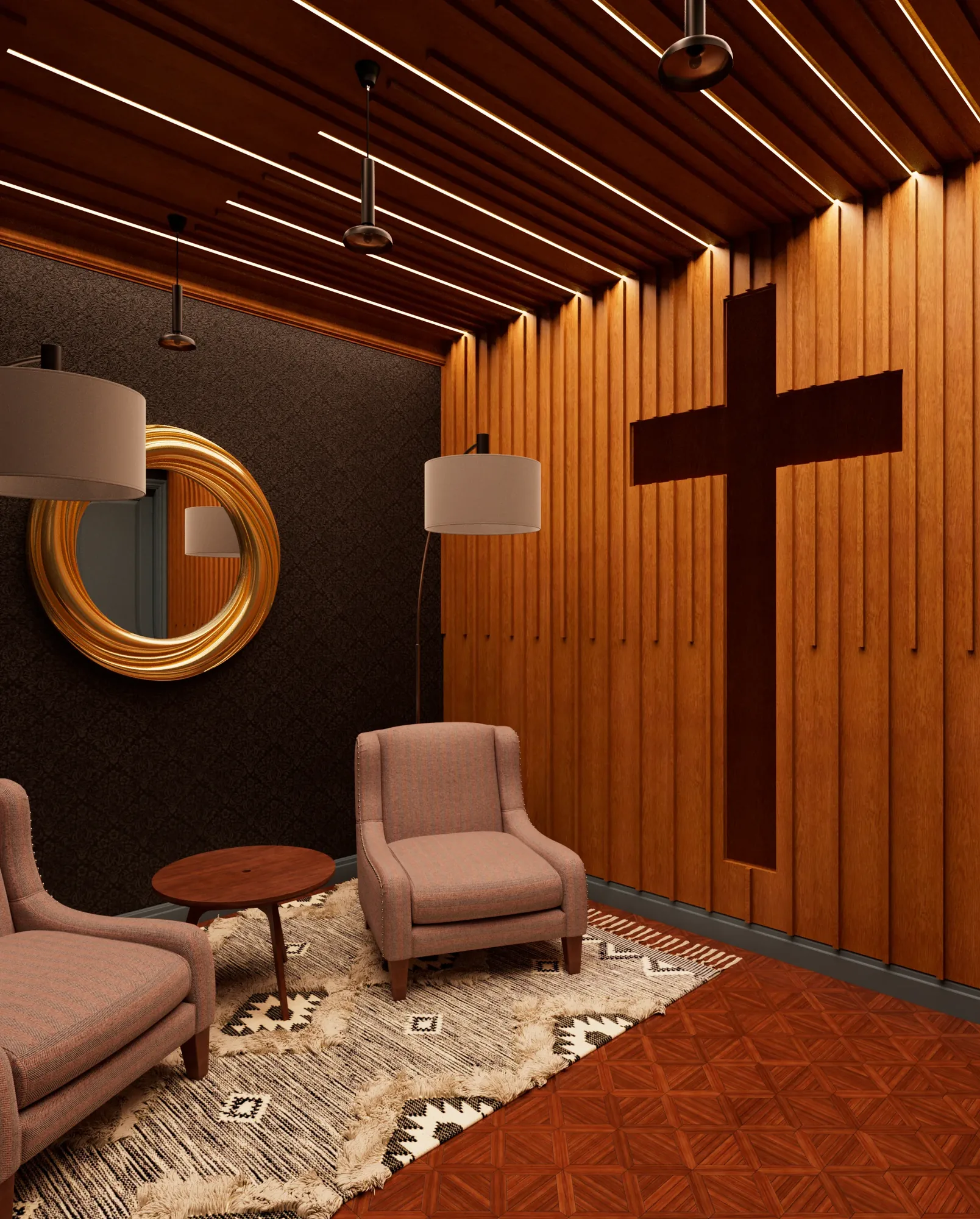Prayer Room — low-light seating view showing two armchairs and kilim rug with only the backlit cross providing illumination