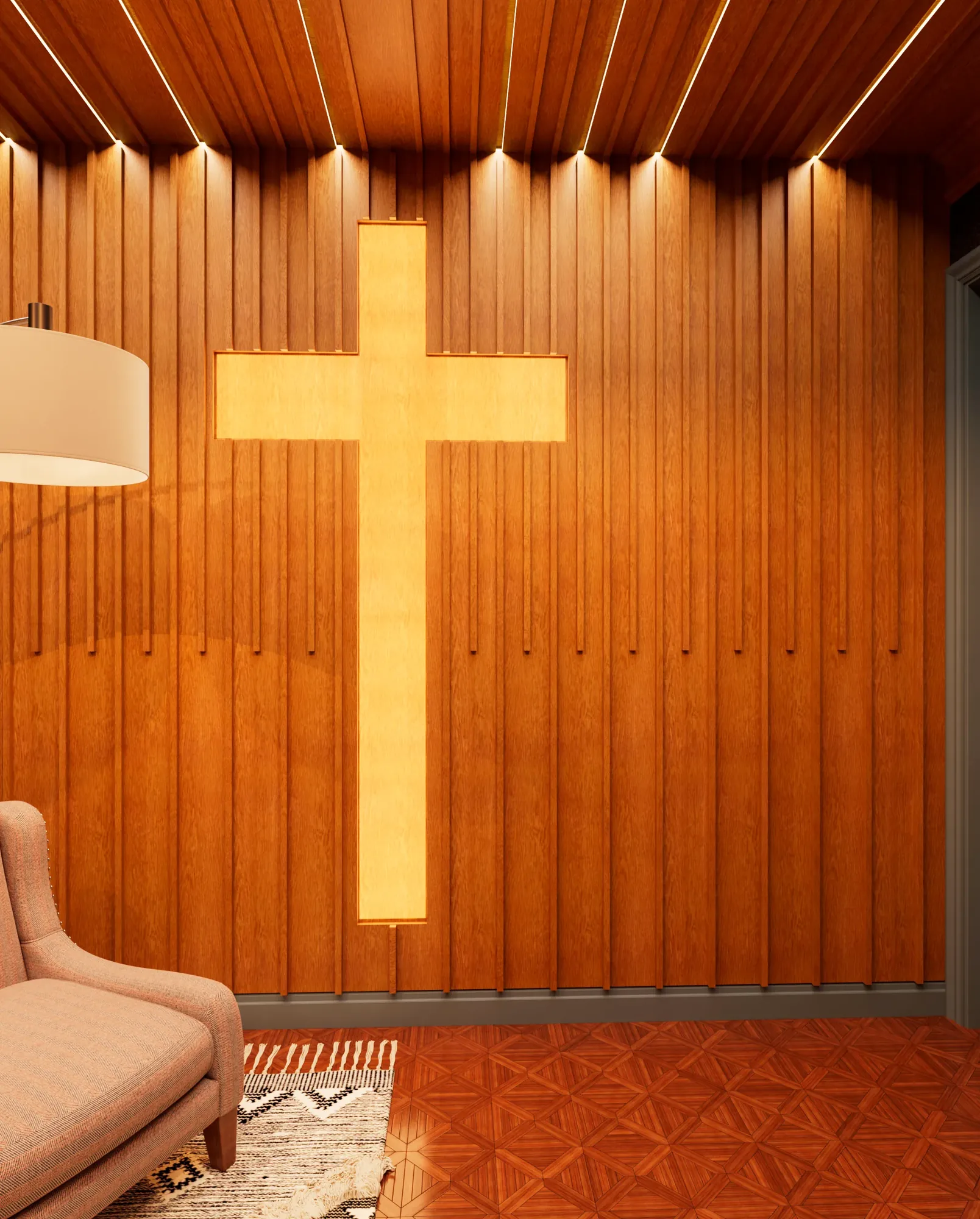 Prayer Room — full room view with backlit cross illuminated, two armchairs, kilim rug and dark damask wallpaper visible on opposite wall