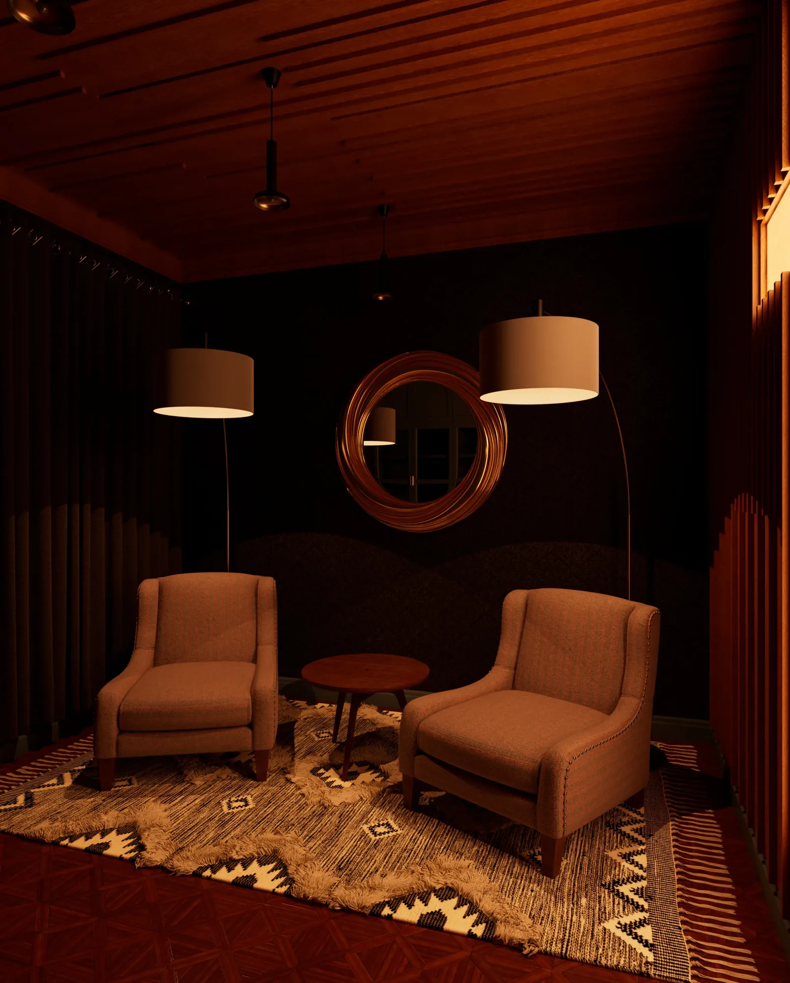 Prayer Room — three-quarter view showing timber batten wall, cross, seating and dark wallpaper wall in a single frame, ceiling LED strips lit