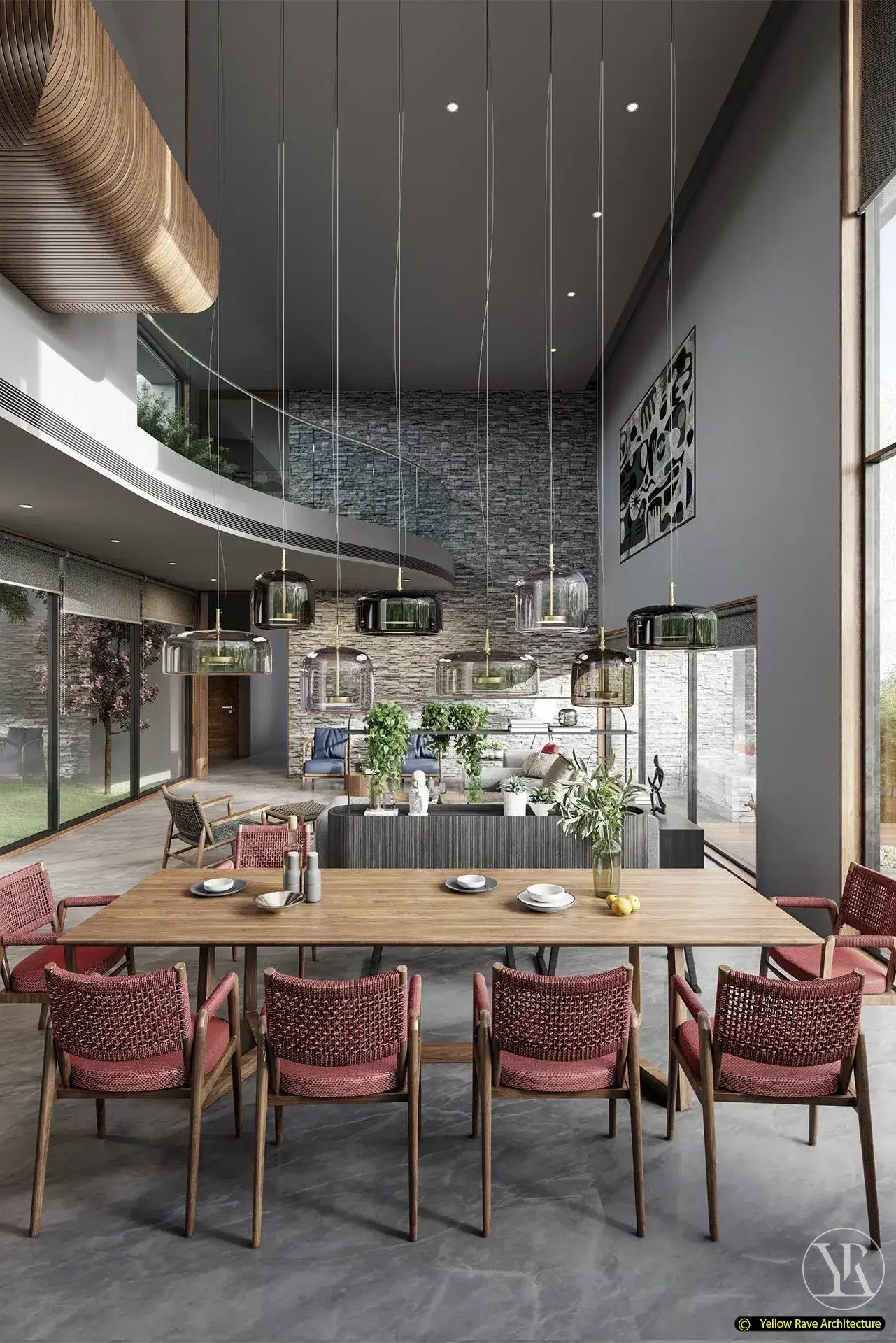 House of Views — double-height dining volume from above showing round timber ceiling feature, smoked glass pendants and red woven-back chairs
