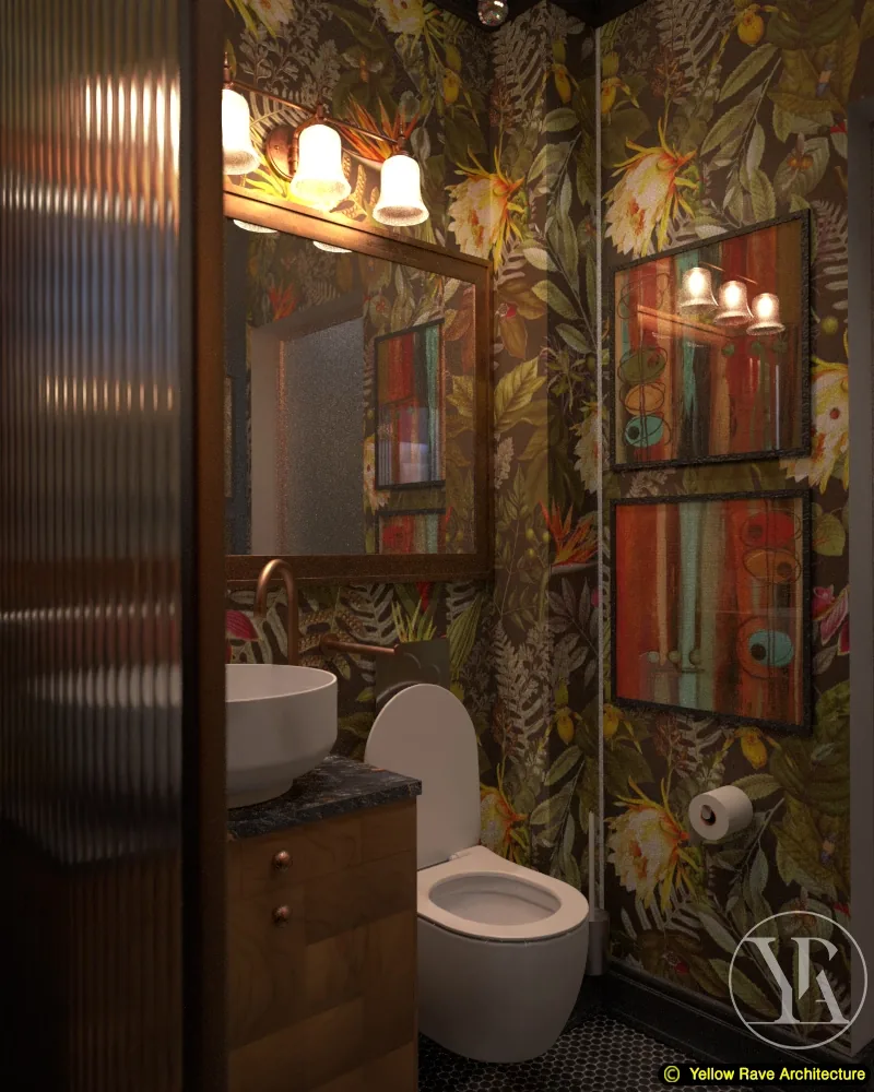 Moody Bathroom — vanity zone with vessel basin on dark stone countertop, copper tap, botanical wallpaper and copper-framed mirror, fluted glass shower screen to the left