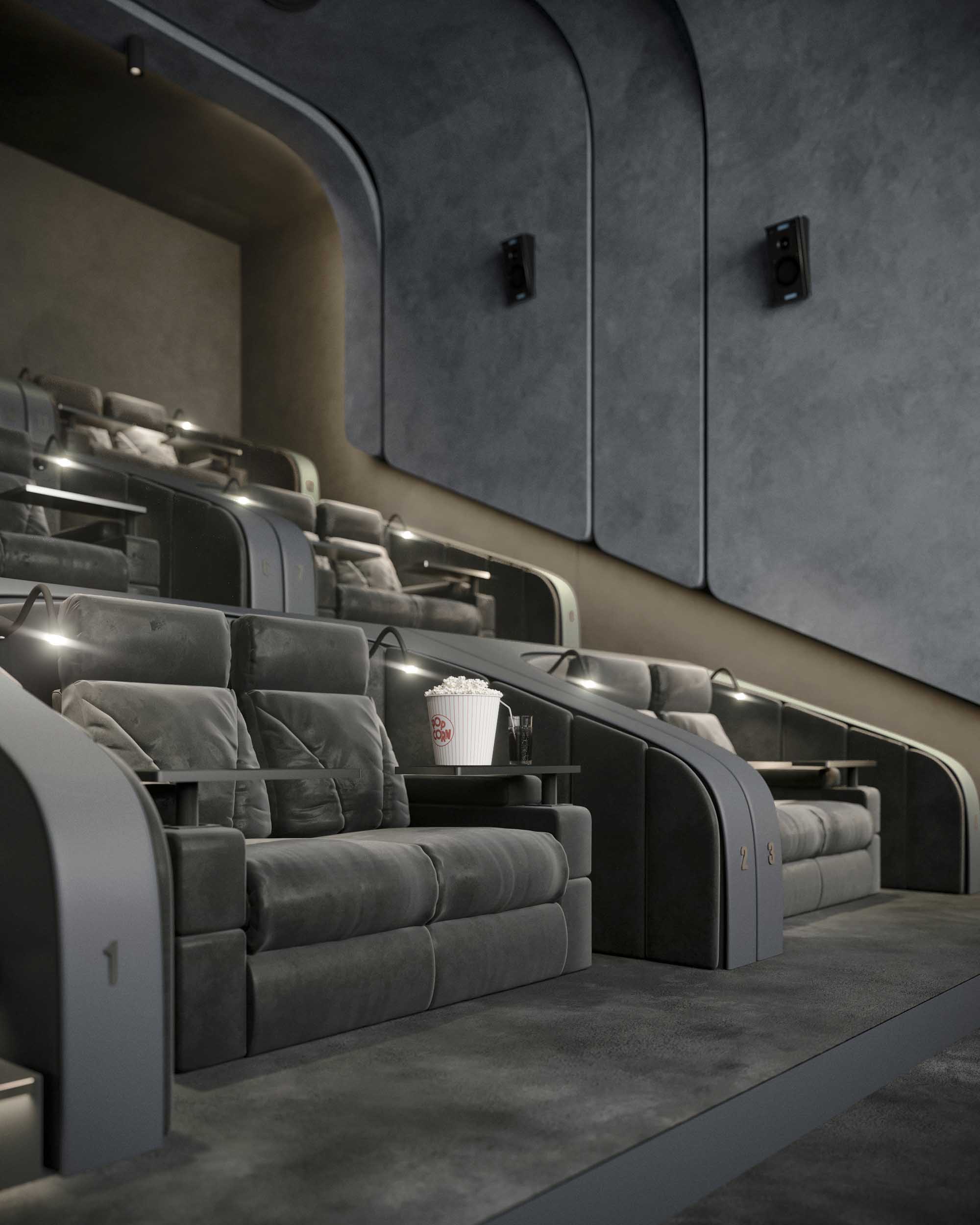 Cinema — corridor with bronze-clad walls, OMEGA room signage, freeform white LED ceiling installation and perforated bronze ceiling panels