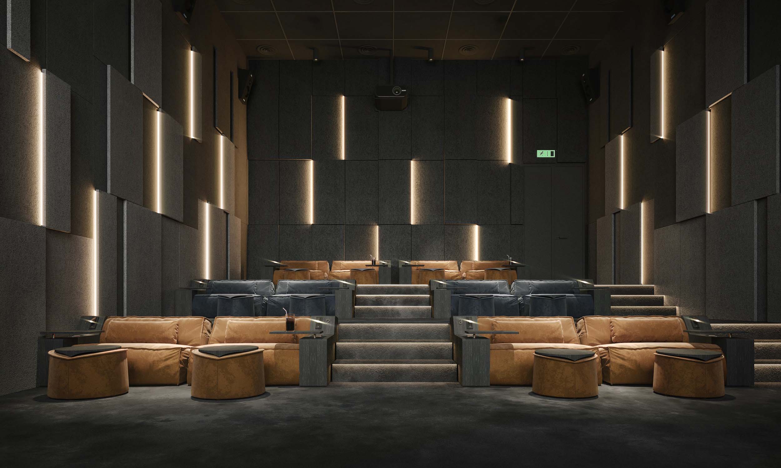Cinema — dark intimate hall from the rear with tan leather sofas, illuminated acoustic panels and projection screen