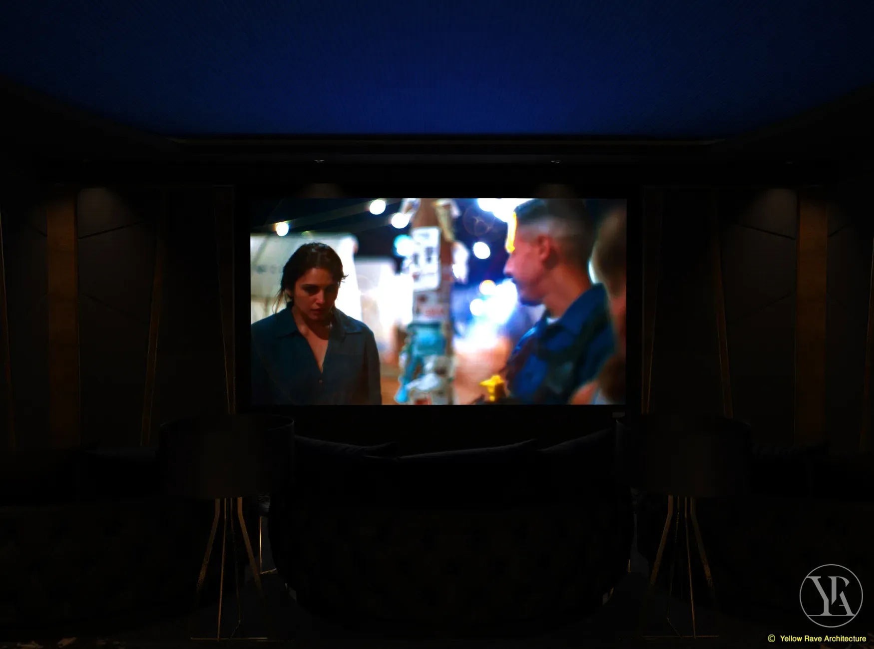 Lounge Home Cinema — rear-angle night view showing velvet ottoman pods, raised seating level and projection screen in the distance, Westlands