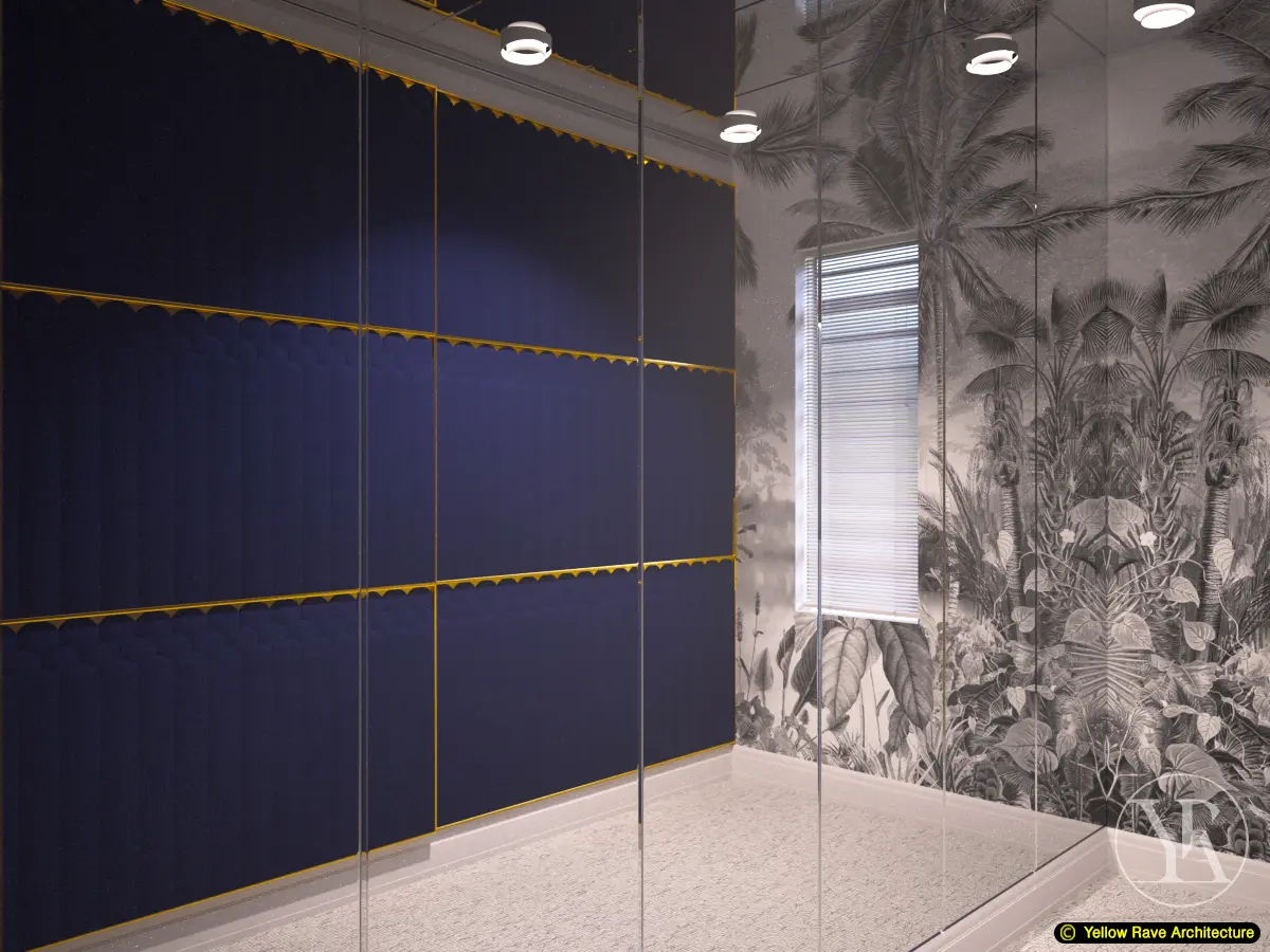 Mirrored Walk-in Closet — navy blue cabinet doors with gold trim alongside full-height mirror wall reflecting the jungle wallpaper, cream carpet floor