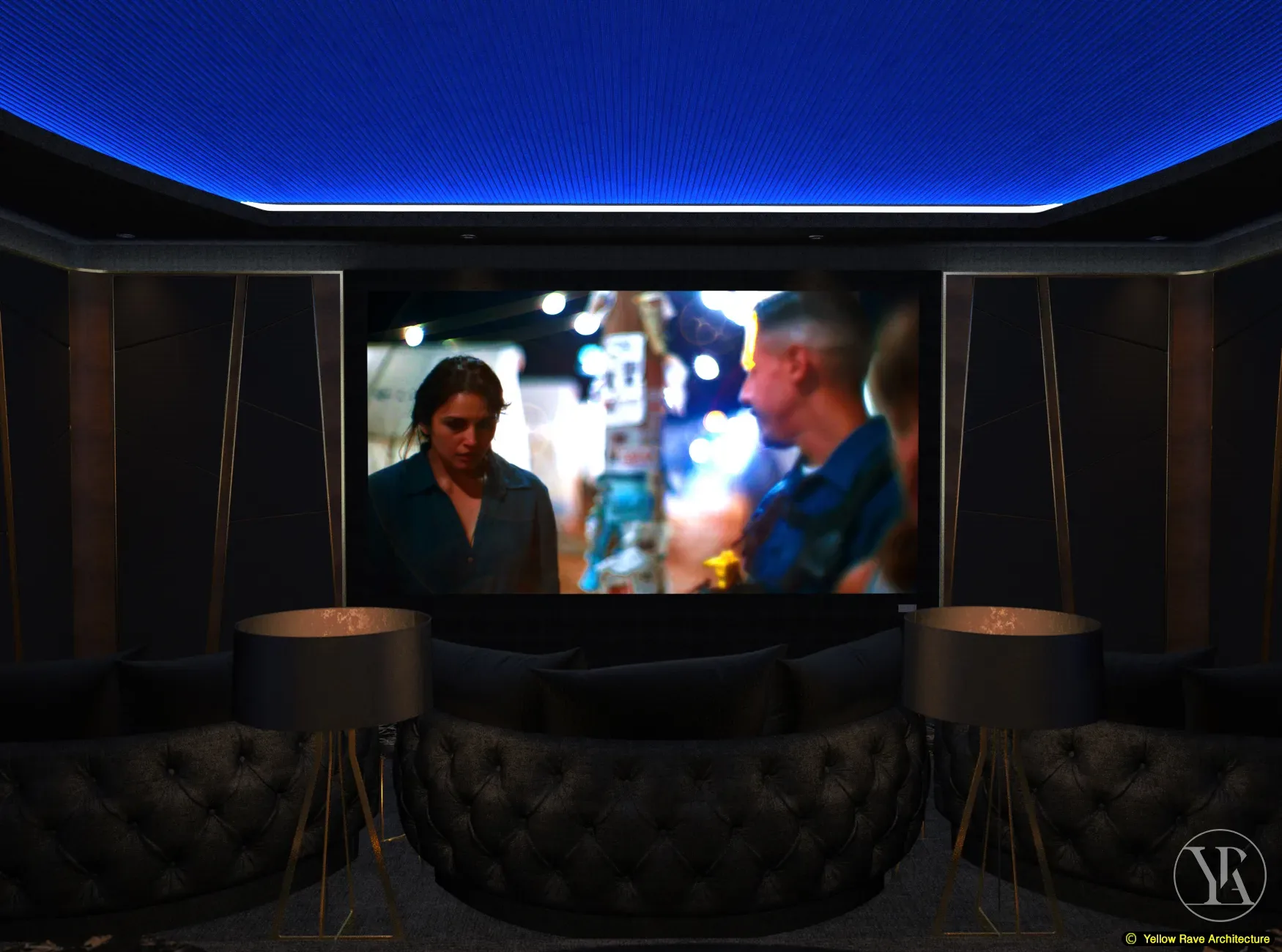 Lounge Home Cinema — wide view of full room showing round ottoman pods, raised seating tier and projection screen under the blue dome ceiling