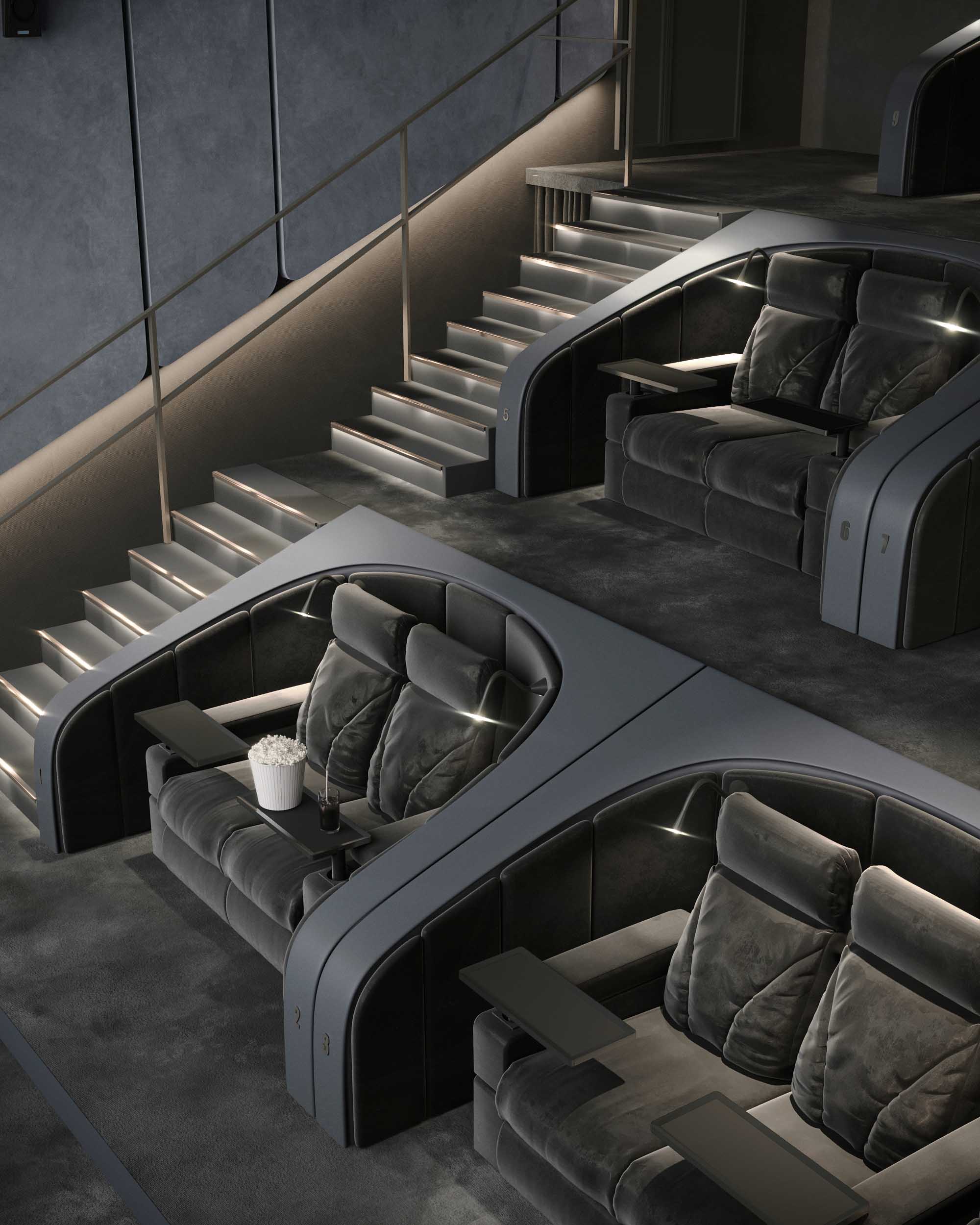 Cinema — large auditorium full-width view with rows of grey upright seats, purple LED lighting and projection screen, Mombasa