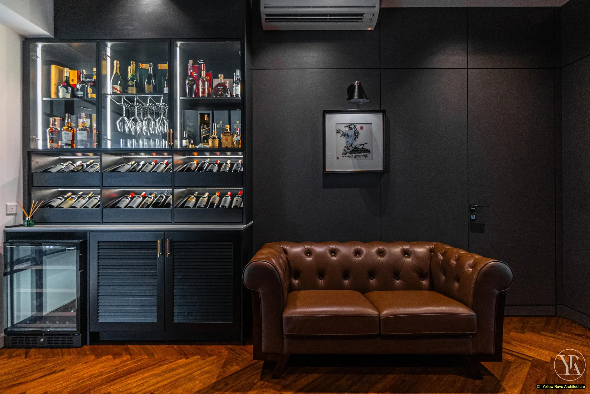 Down Time Drinks — close-up of full bar cabinet with spirit and champagne display, suspended glasses, wine rack and glazed wine cooler below, Kiambu