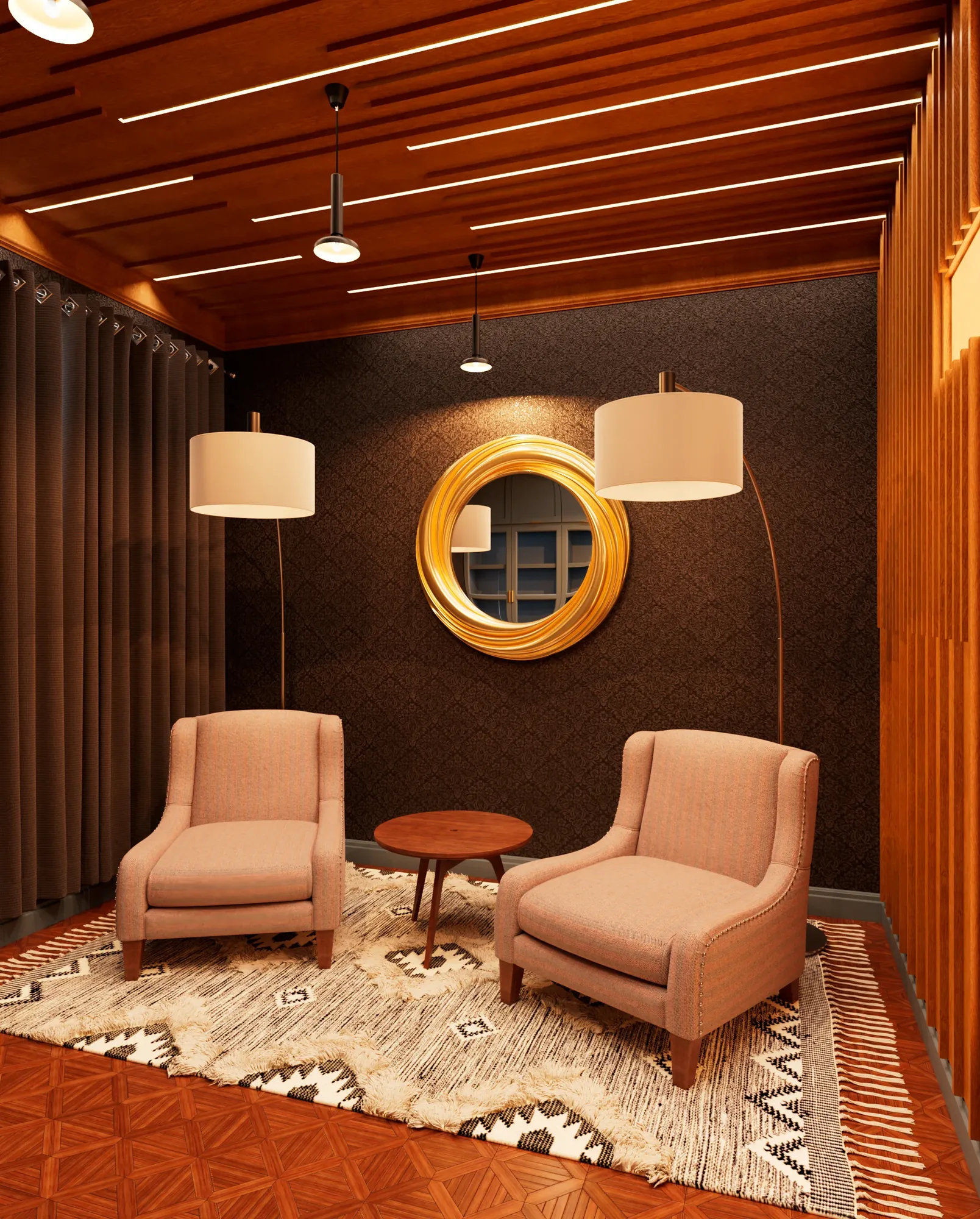 Prayer Room — dark-mode seating view with heavy floor-length drapery closed and only arc floor lamps lit