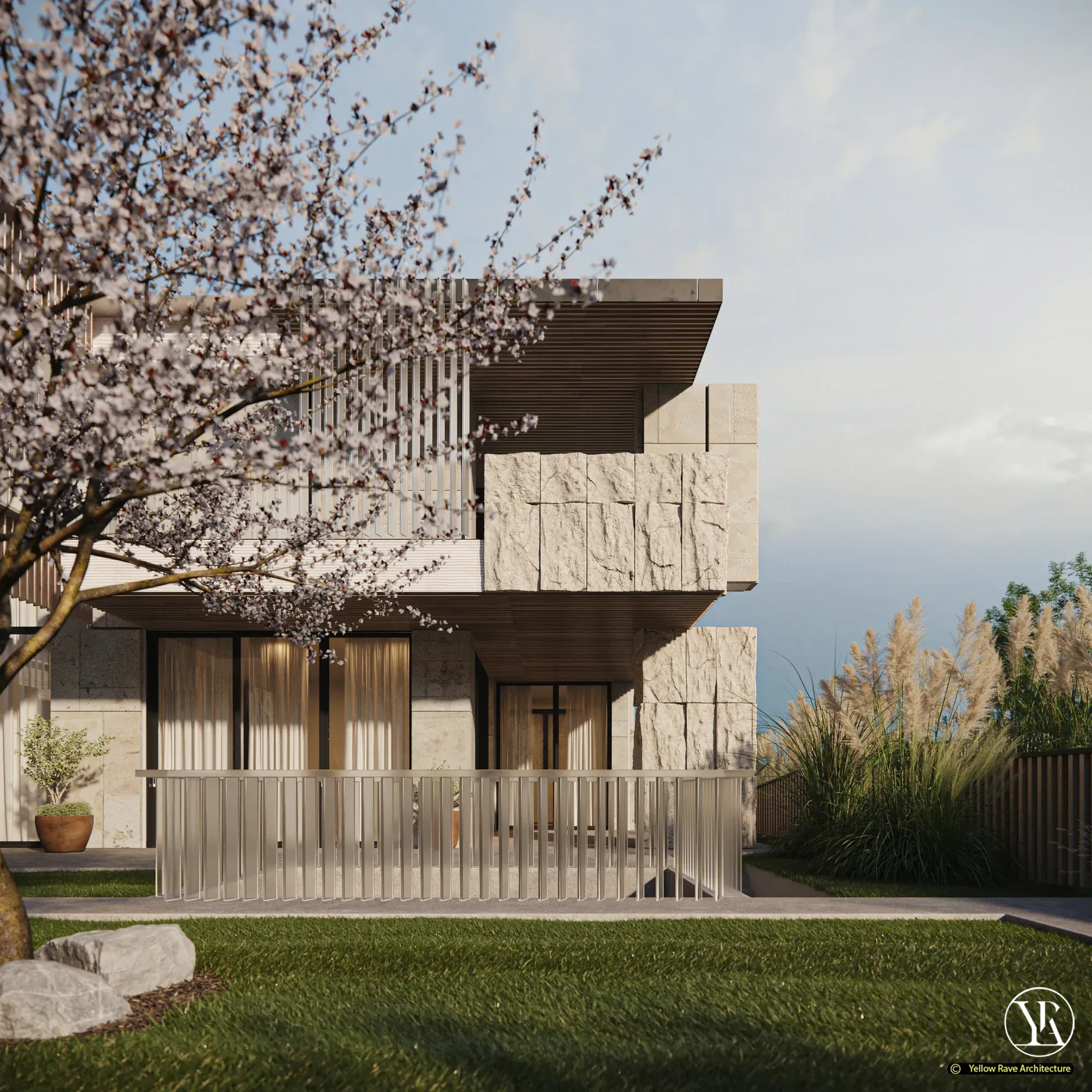 Heavy Stone — side-angle garden view showing stone columns, cherry trees and pool terrace at left, concept render