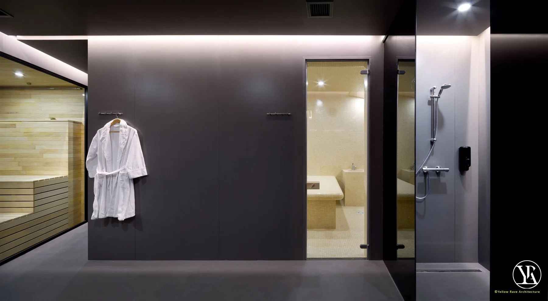 Home Spa Extension — split panel showing sauna interior in natural light (left) and red chromotherapy light (right)