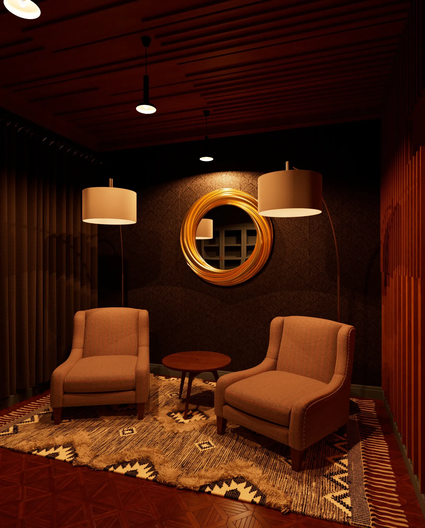 Prayer Room — seating area with round gold-framed mirror on dark damask wall and two arc floor lamps flanking the armchairs