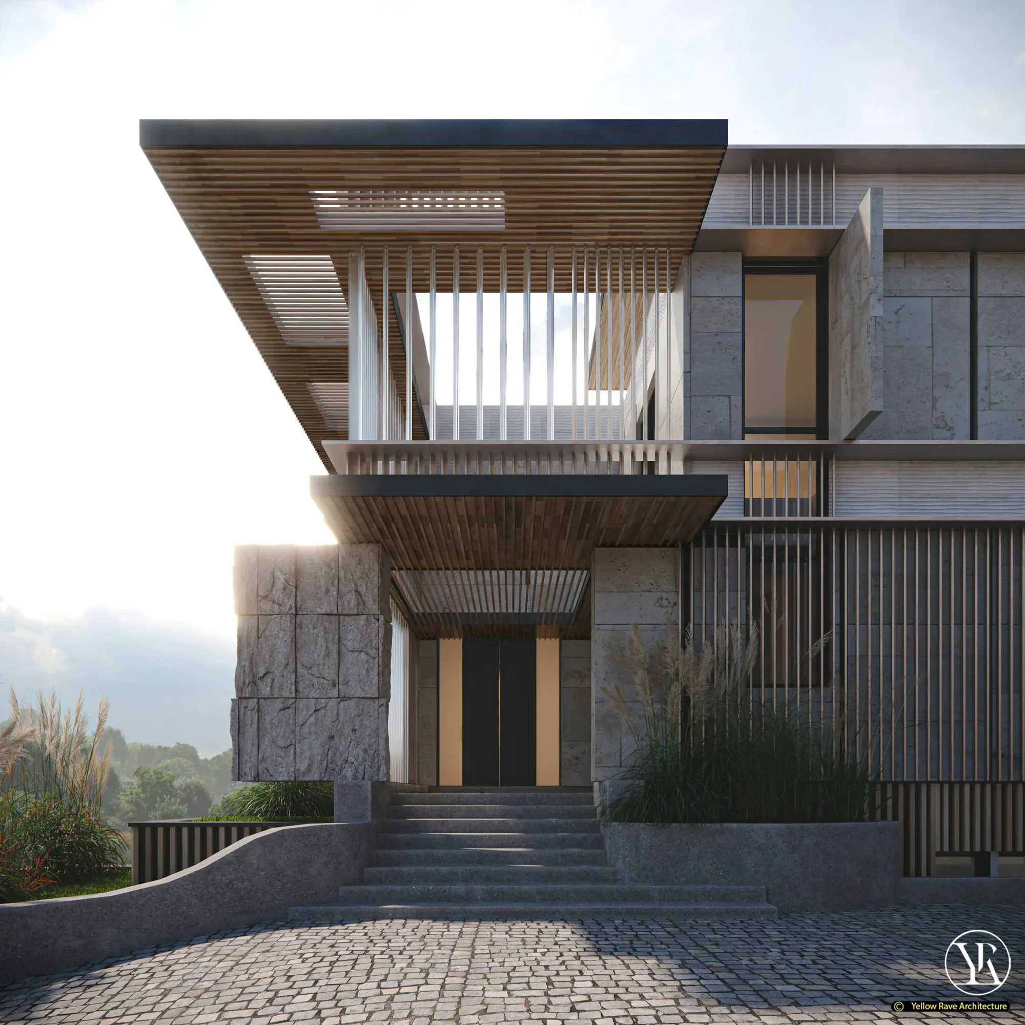 Heavy Stone — rear garden elevation showing pool in front, covered terrace with purple seating and cherry trees on both sides, concept render