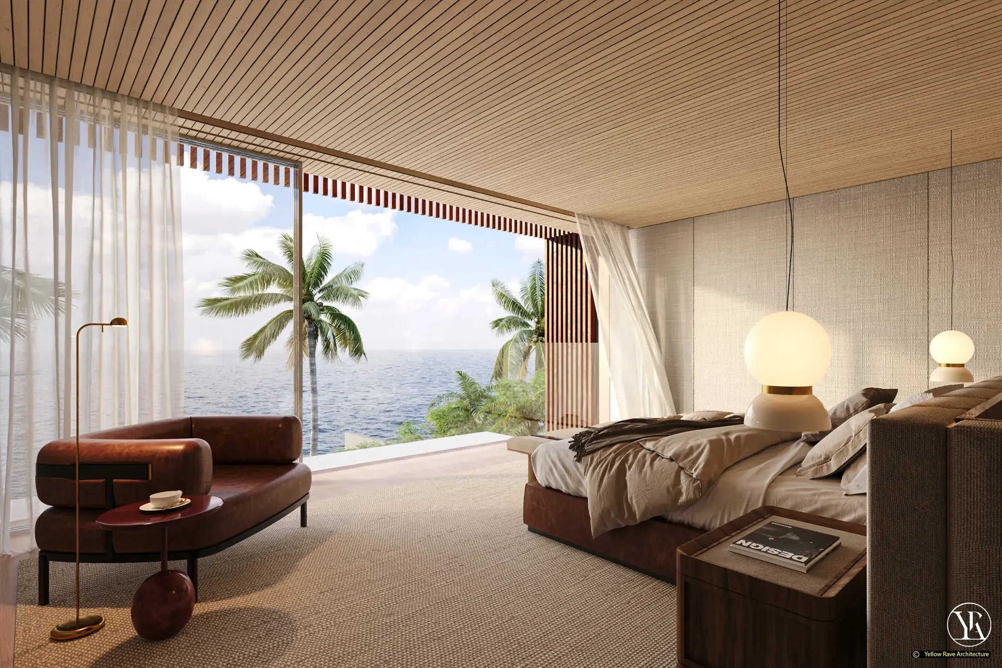 By the Diani Beach — master bedroom with slatted timber ceiling, sheer curtains and direct sea view through full-height glazing