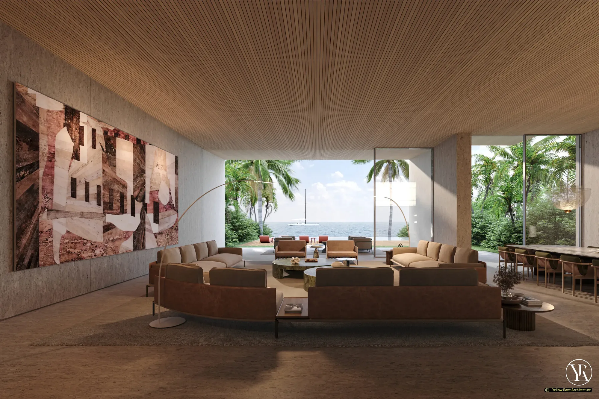 By the Diani Beach — front exterior elevation showing two cantilevered timber roof planes and vertical green metal fin cladding, concept render