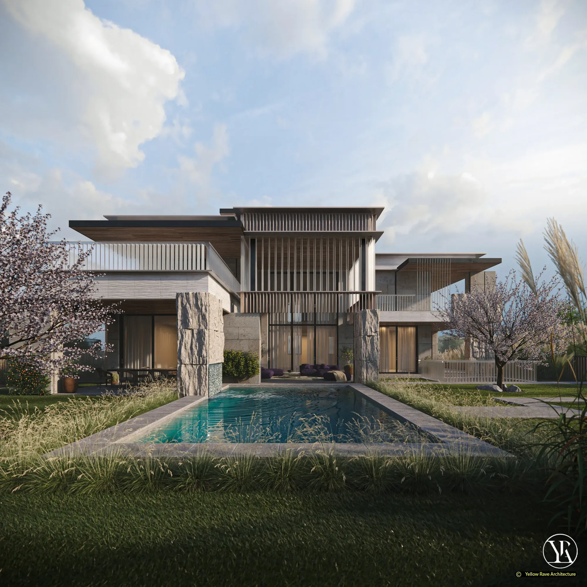 Heavy Stone — dusk view of stone column detail with cherry tree in blossom and glazed ground floor opening, concept render