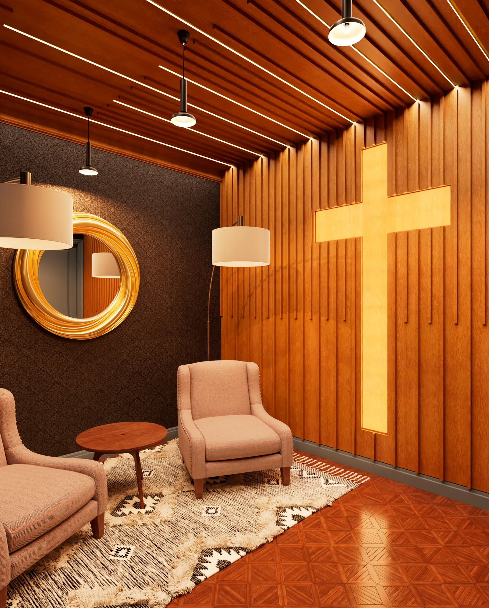Prayer Room — full room view with all lighting on, showing cross, ceiling strips and arc floor lamps illuminated simultaneously