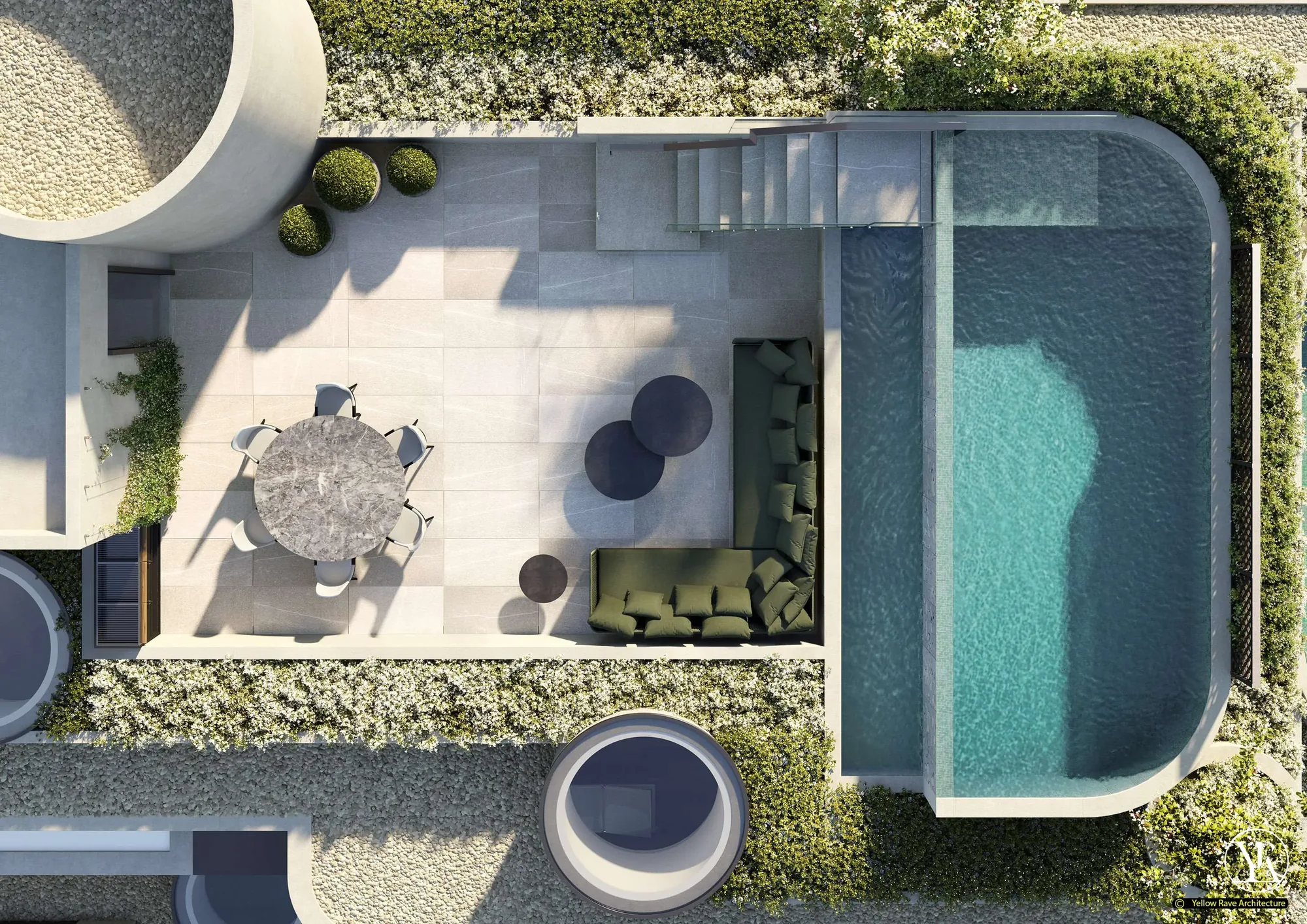 House of Privacy Walls — cylindrical reading room with curved full-height glazing, four black velvet armchairs and tree canopy views all around, concept render