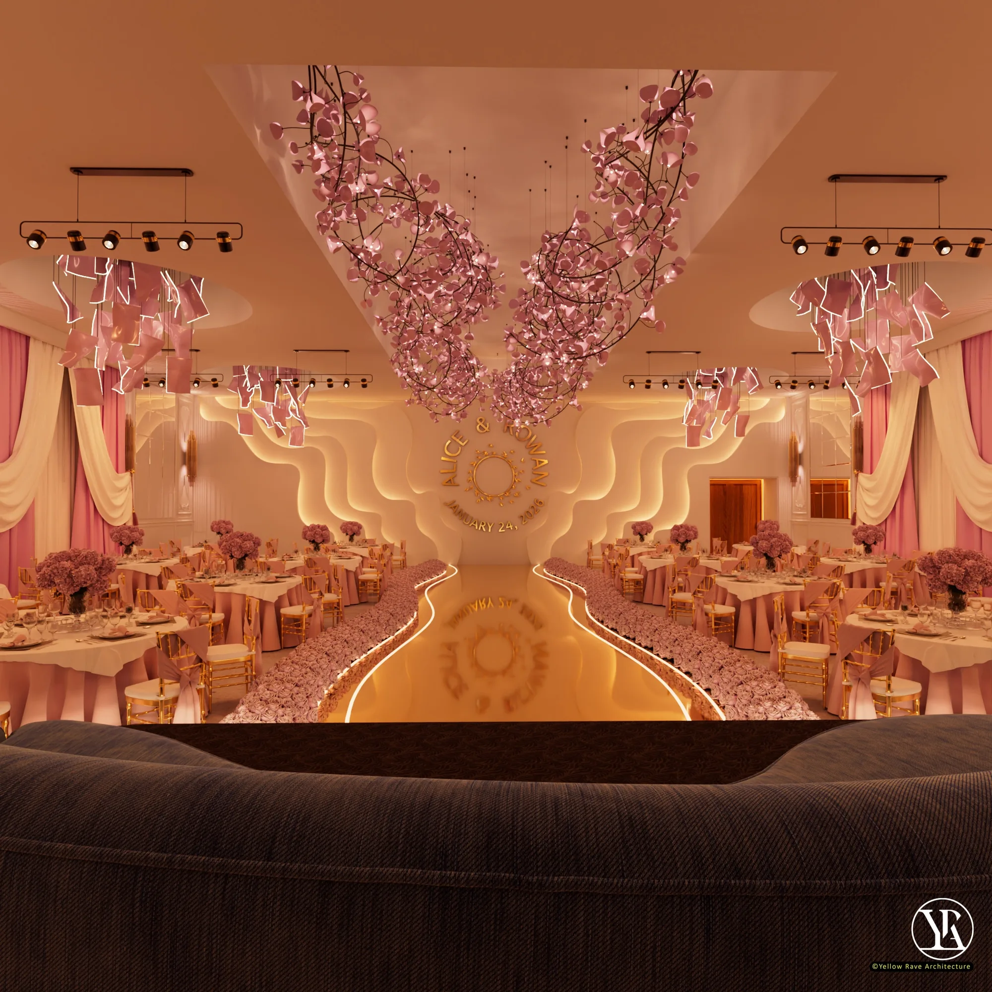Wedding Hall — suspended flora-shaped ceiling pendant installation and pink monochromatic seating