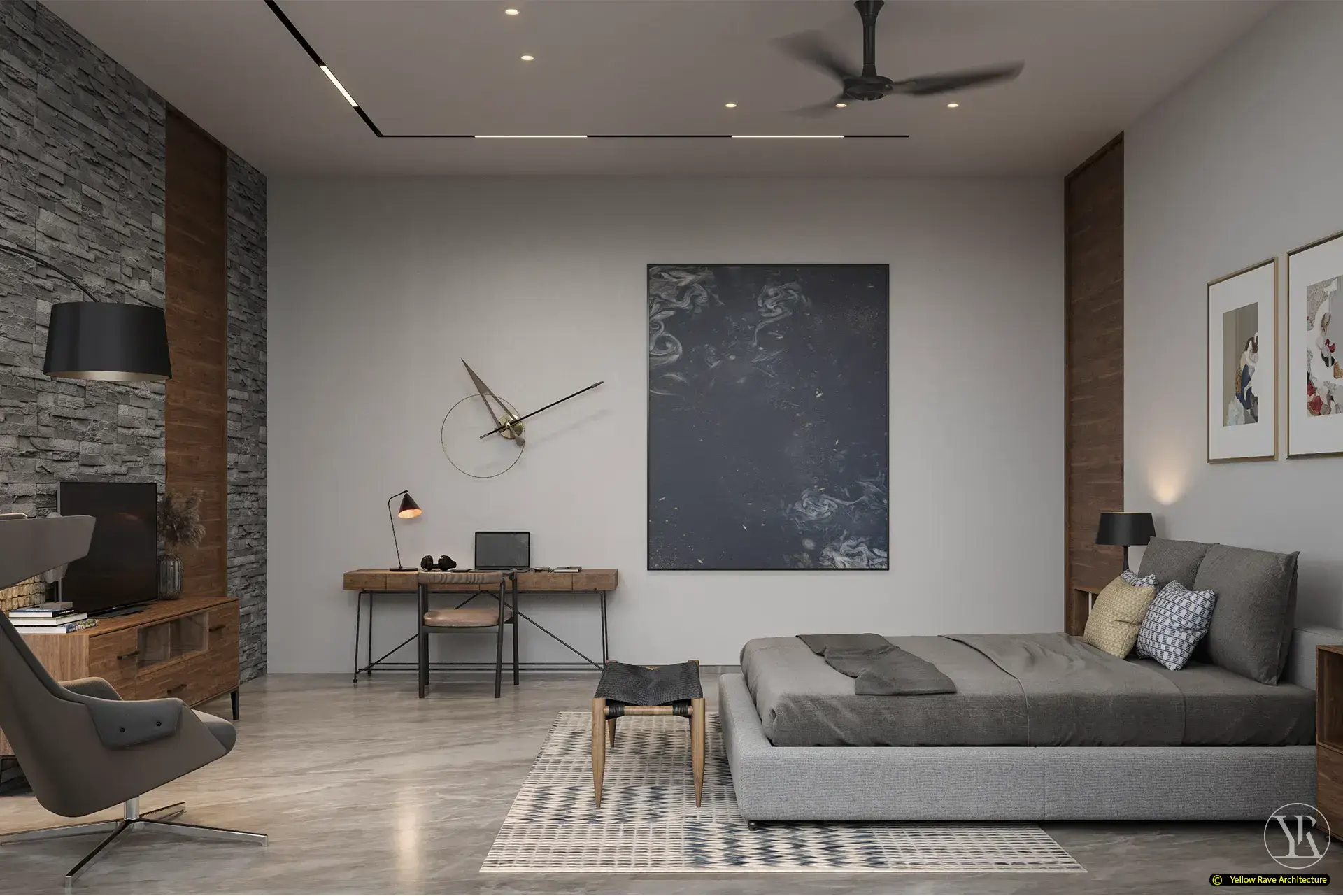 House of Views — street corner exterior render showing the full building with palm tree, grey stone boundary walls and black fence, Lavington, concept render