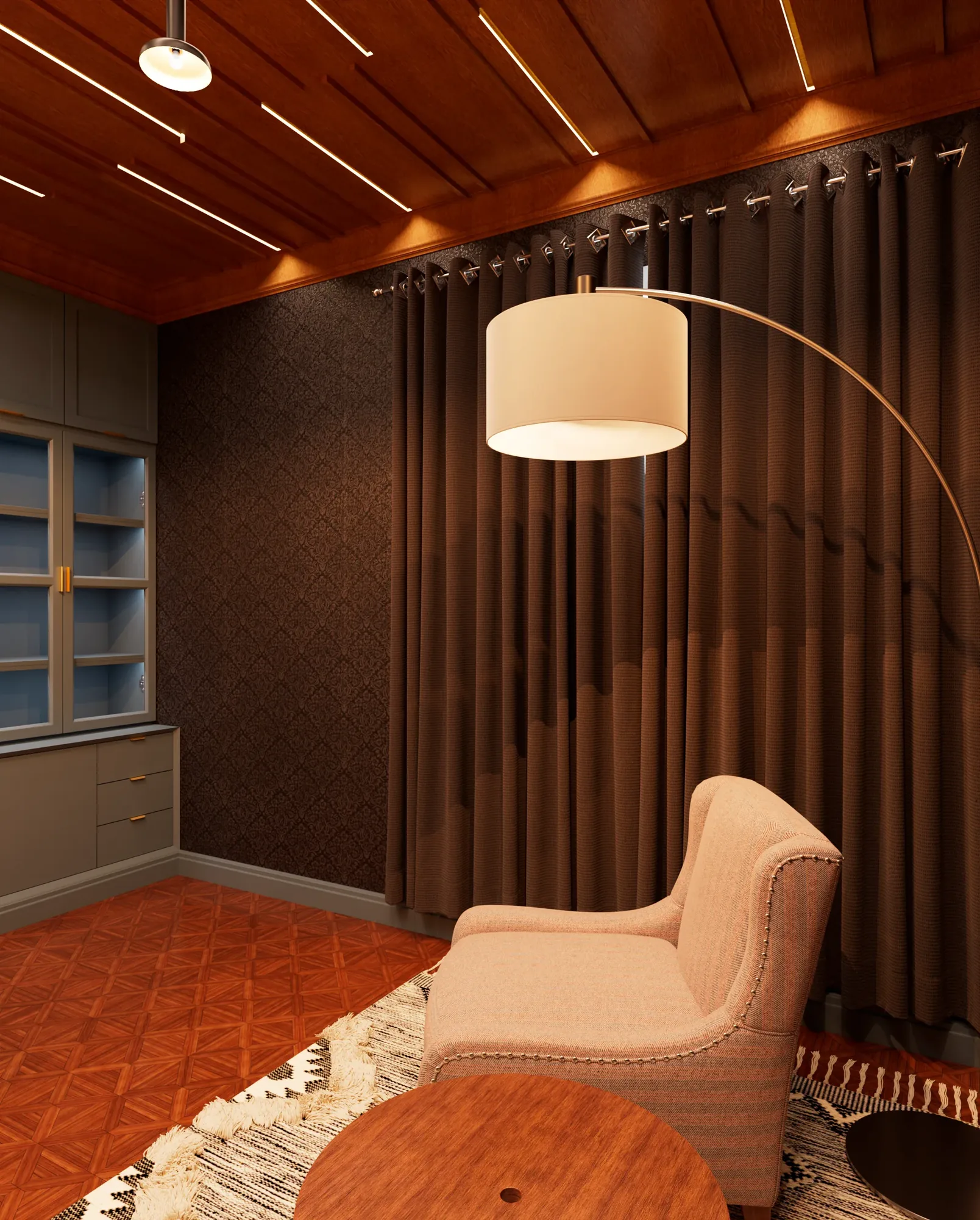 Prayer Room — bright-mode view showing cross lit and ceiling LED strips on, gold-framed mirror and full damask wallpaper visible