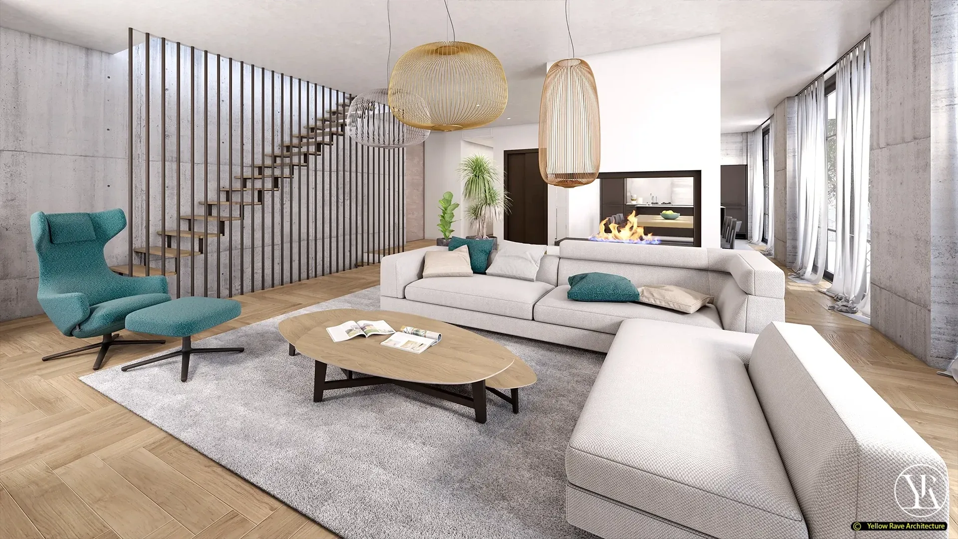 Naivasha House on a Hill — open-plan living room with board-formed concrete walls, herringbone timber floor, open stair with timber treads, double-sided fireplace and rattan pendant lights, concept render