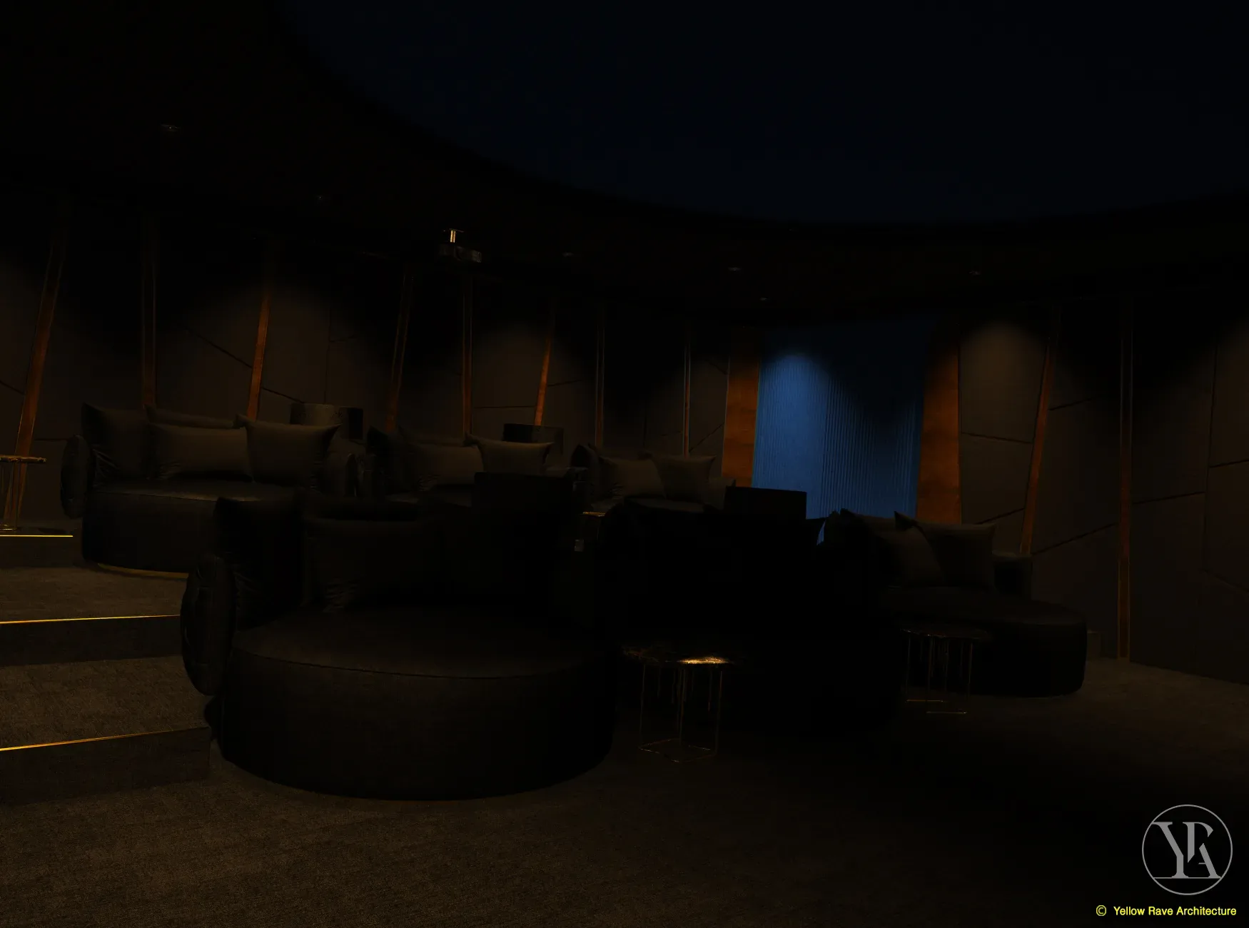 Lounge Home Cinema — screen wall at ambient level with film playing, gold floor lamps and full view of the blue dome ceiling above