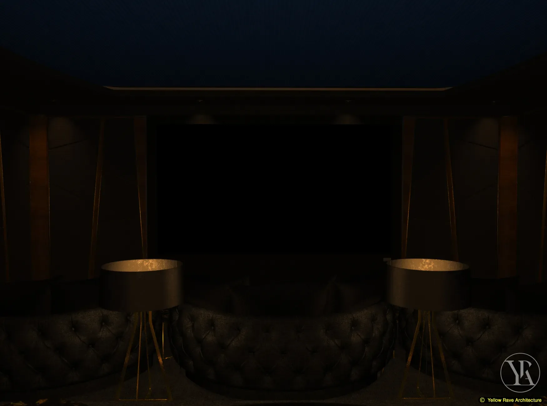Lounge Home Cinema — close-up of the deep blue LED elliptical dome ceiling and tops of gold-toned timber fin wall panels
