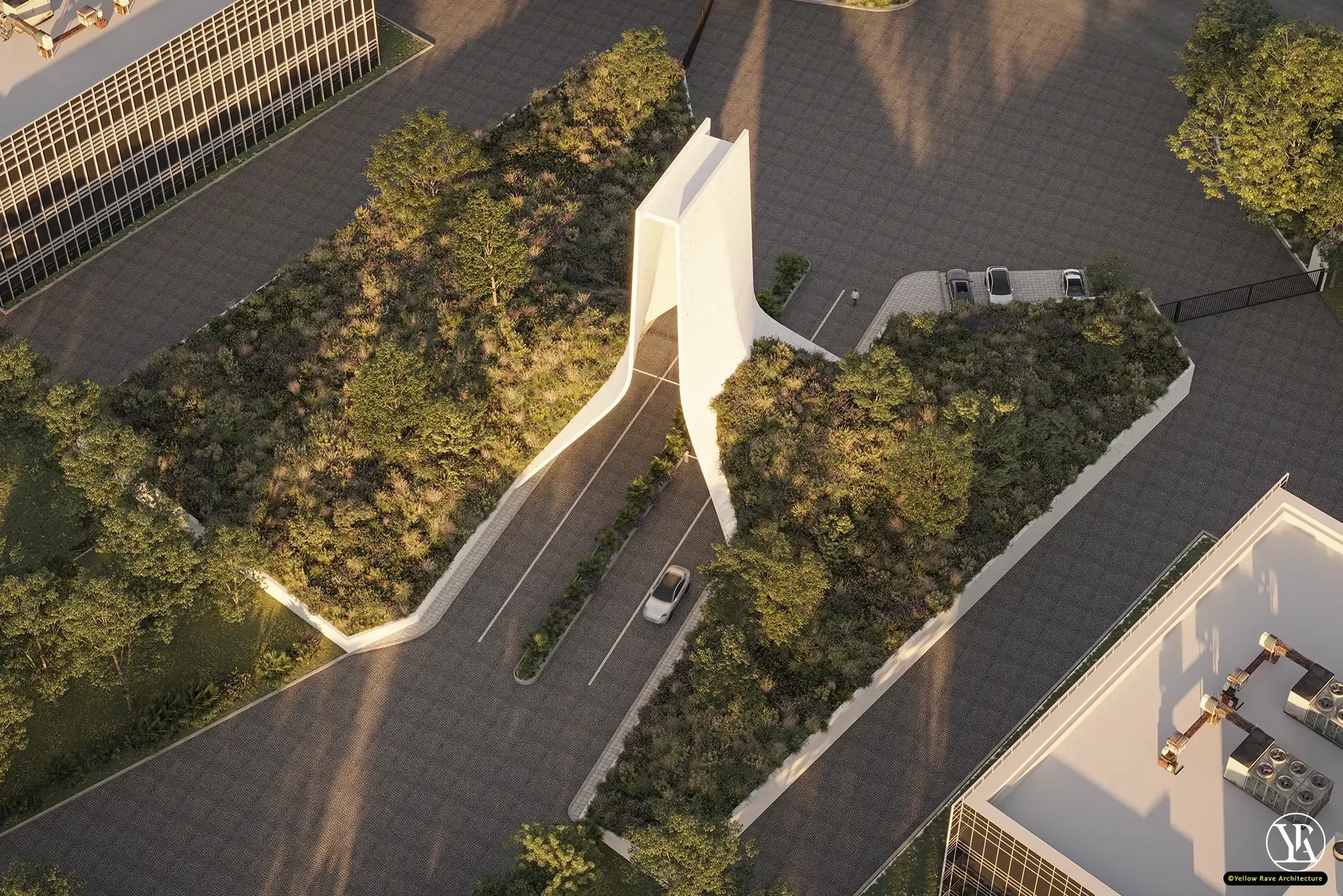 Monumental Gate — closer aerial view of the gate crown and split geometry with vehicles passing below, concept render