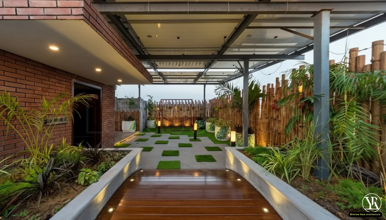 Rooftop Terrace — view along timber-decked pathway under the pergola toward bamboo screening and planted pots, glass conservatory visible to the left