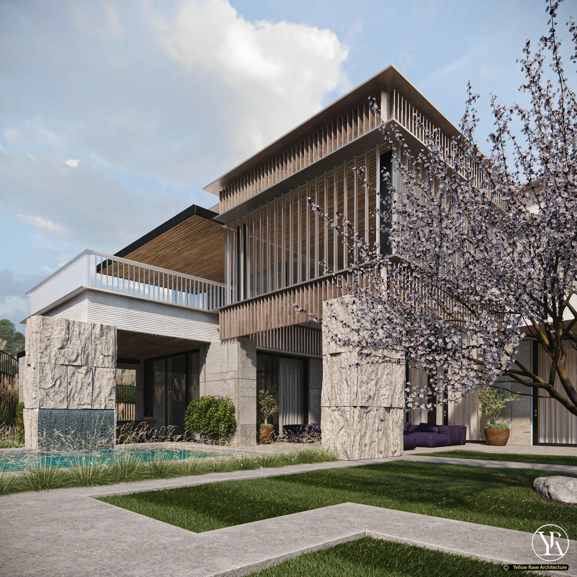 Heavy Stone — corner detail of rough stone columns and base with cherry tree in blossom and meadow planting, concept render