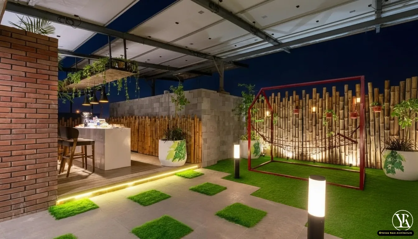 Rooftop Terrace — white bar counter with bar stools beneath exposed brick wall and hanging trailing plants, open pergola roof above