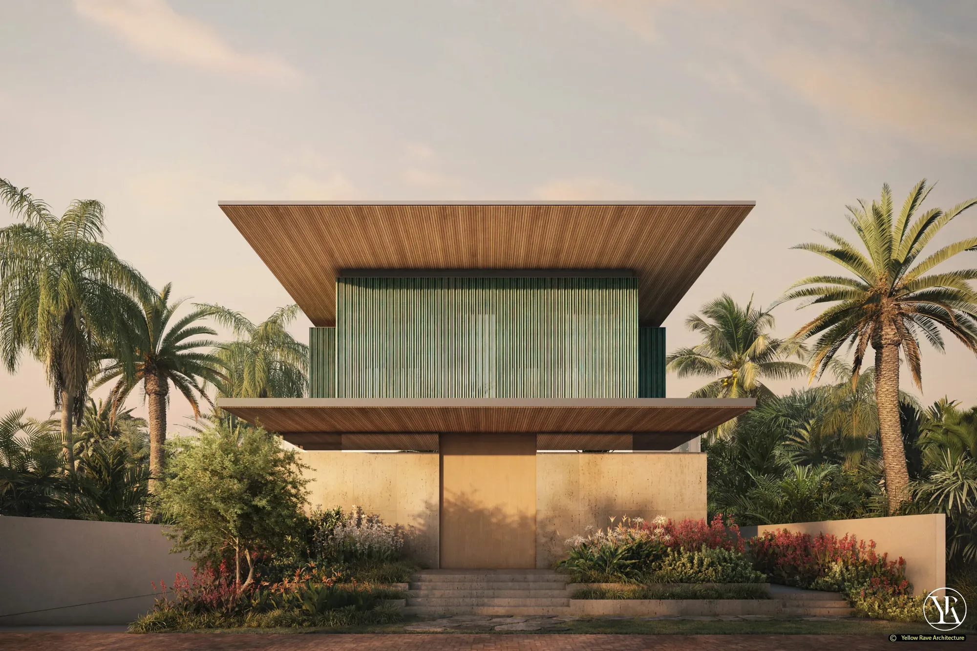 By the Diani Beach — open-plan living and dining with slatted timber ceiling, illuminated geometric lattice panel and sculptural gold pendant