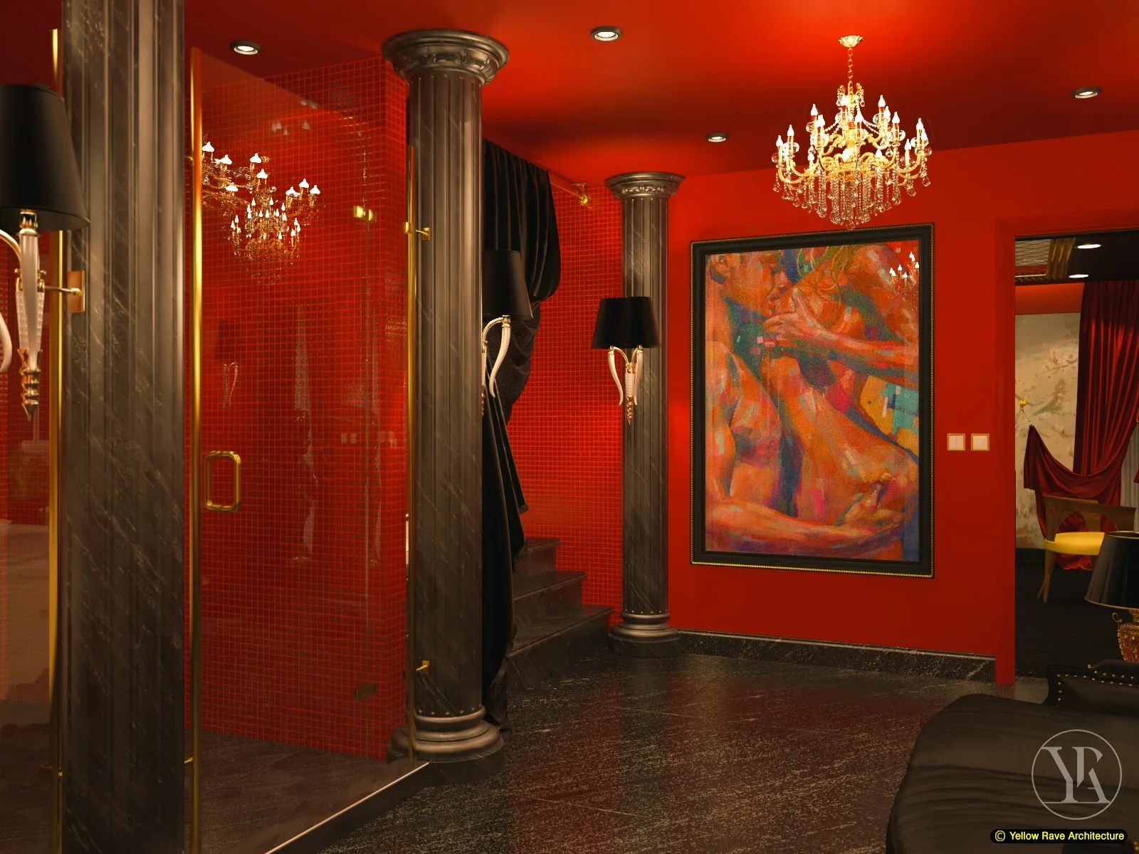 Lovers Play Room — Jacuzzi alcove showing round white Jacuzzi tub on raised black marble platform with red mosaic tile and black velvet drapes