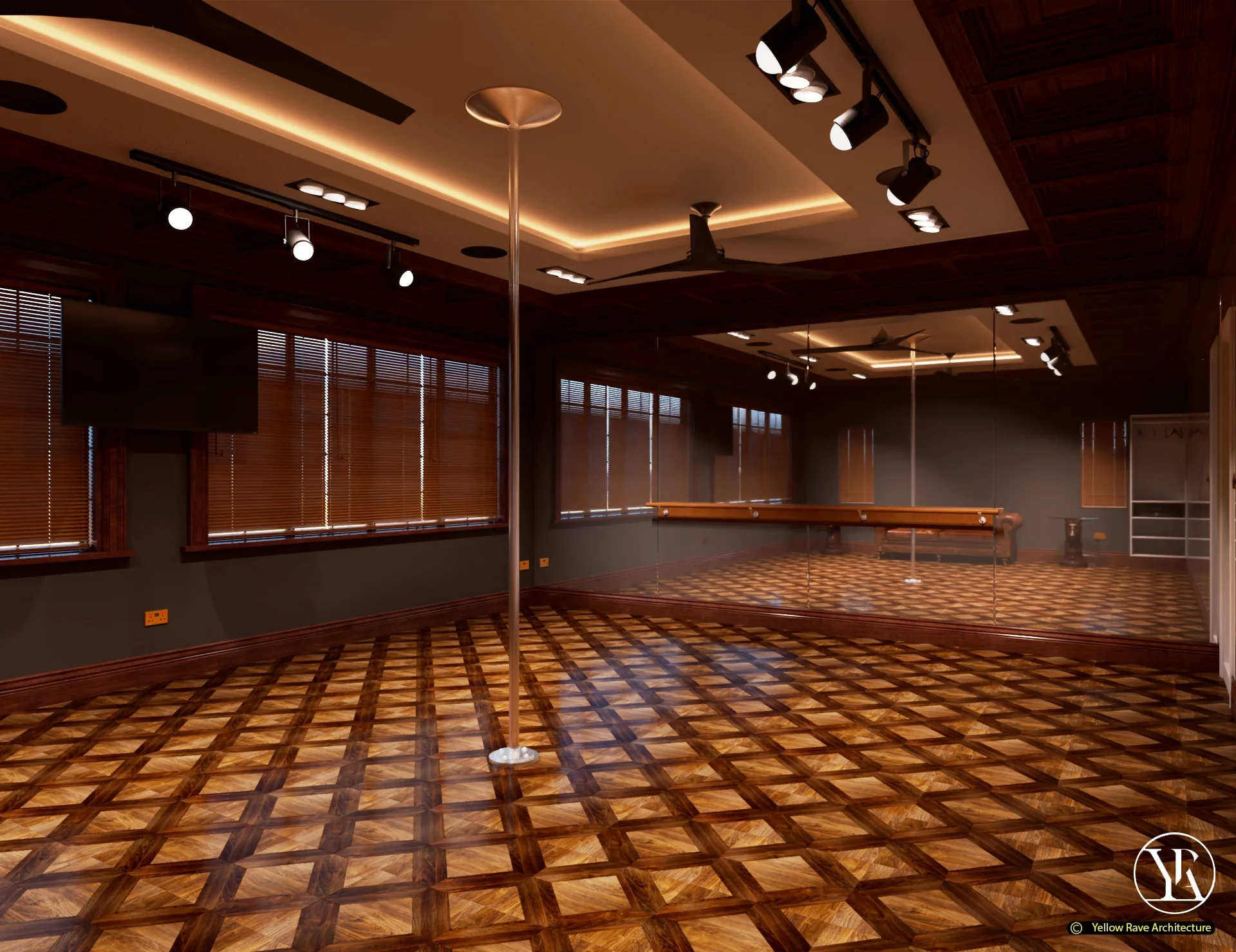 Home Dance Room Studio — mirror wall with horizontal timber barre rail, dance pole in the centre and warm parquet floor