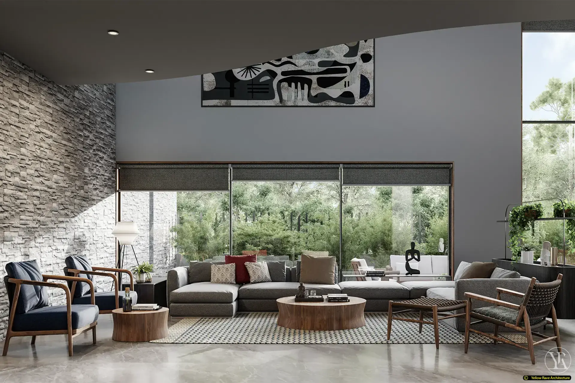 House of Views — master bedroom alternate angle showing split-face grey stone feature wall and large dark abstract artwork