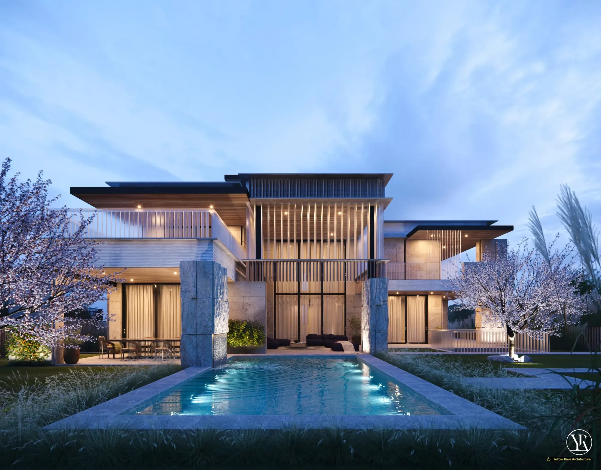 Heavy Stone — covered terrace lounge with large rough stone column, purple low-profile sectional seating and swimming pool beyond, concept render