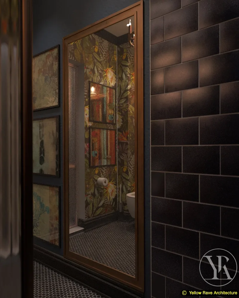 Moody Bathroom — view toward copper-framed tall mirror with botanical mural wallpaper behind, three framed artworks on dark tiled wall to the left and copper wall sconces