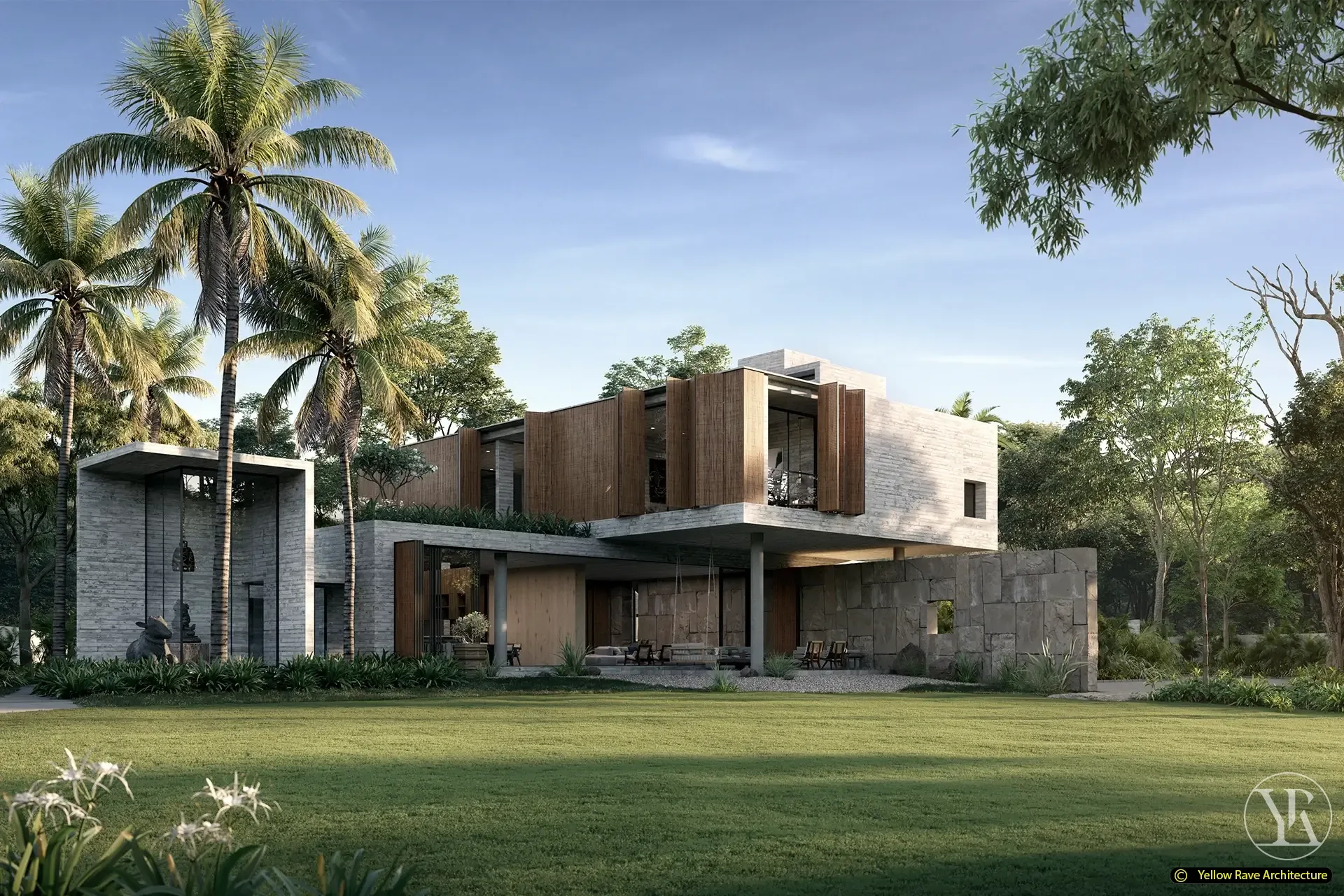 Home in Nature — aerial bird's-eye render showing the full plot with building footprint, circular lawn, curved driveway and dense tree canopy on all sides
