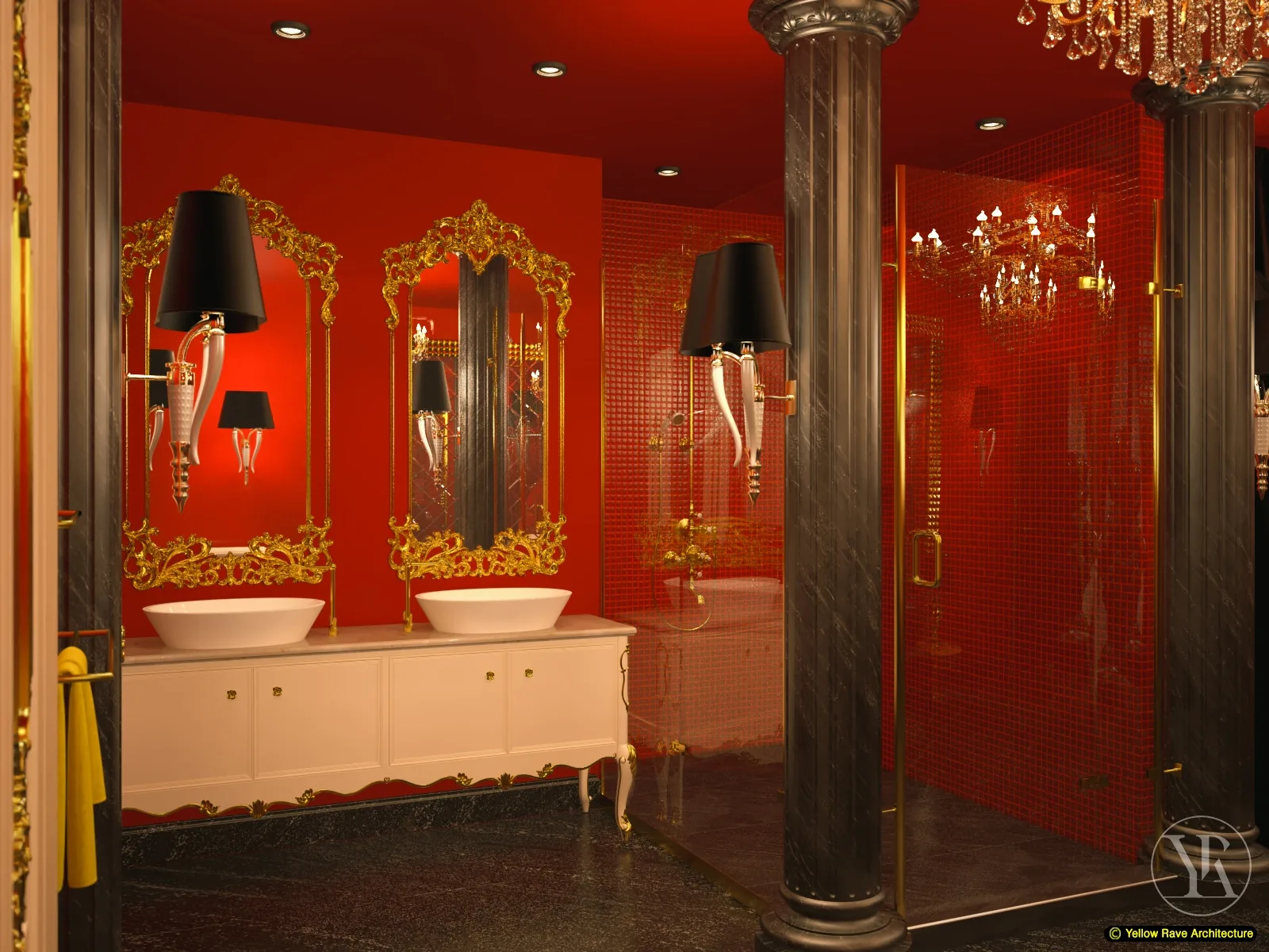 Lovers Play Room — ceiling view showing grid-pattern mirror ceiling with gold diamond-stud trim and red LED cove lighting above the bed