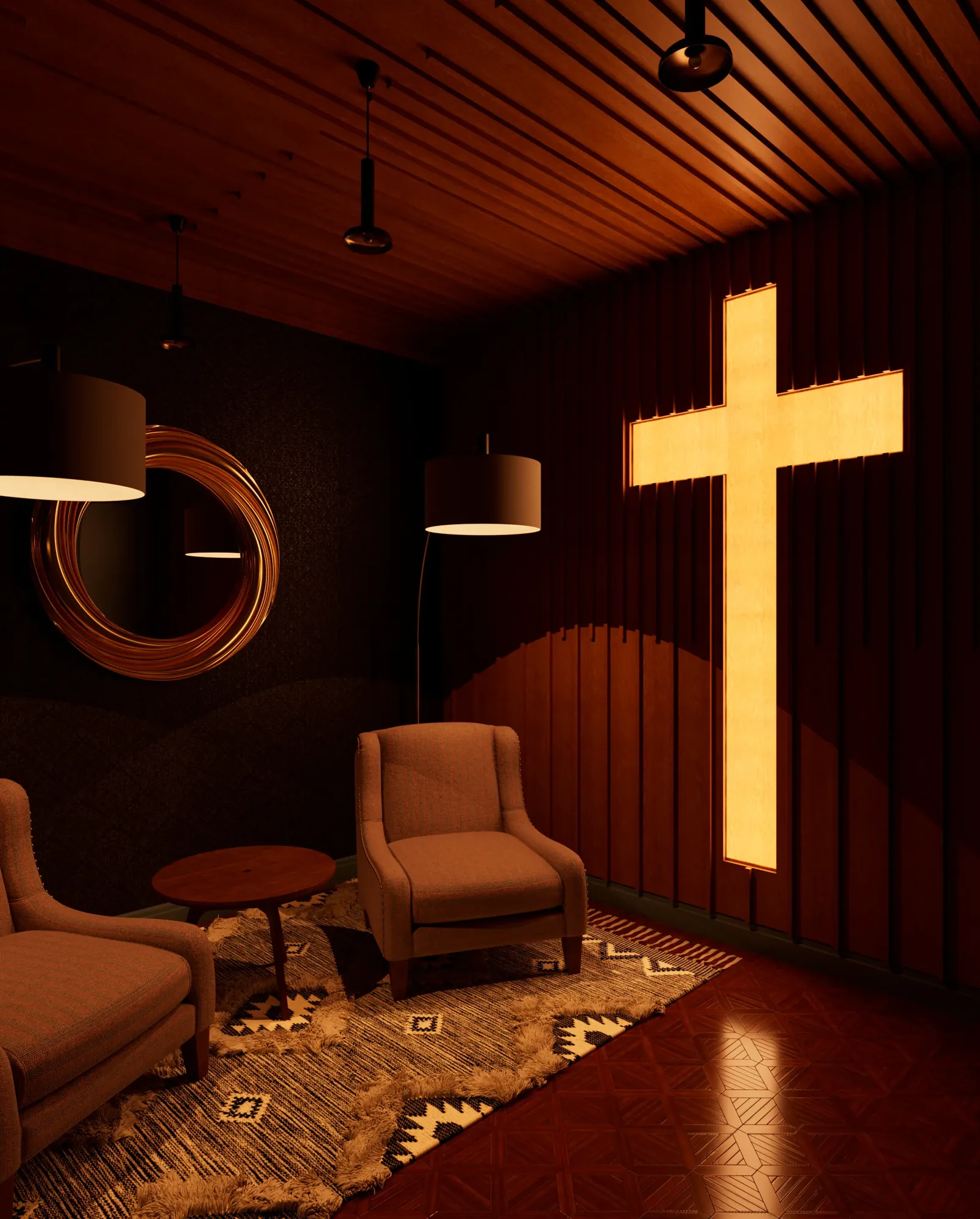 Prayer Room — cross unlit, showing the timber batten grid in natural warm tone with linear ceiling LED strips and round gold-framed mirror