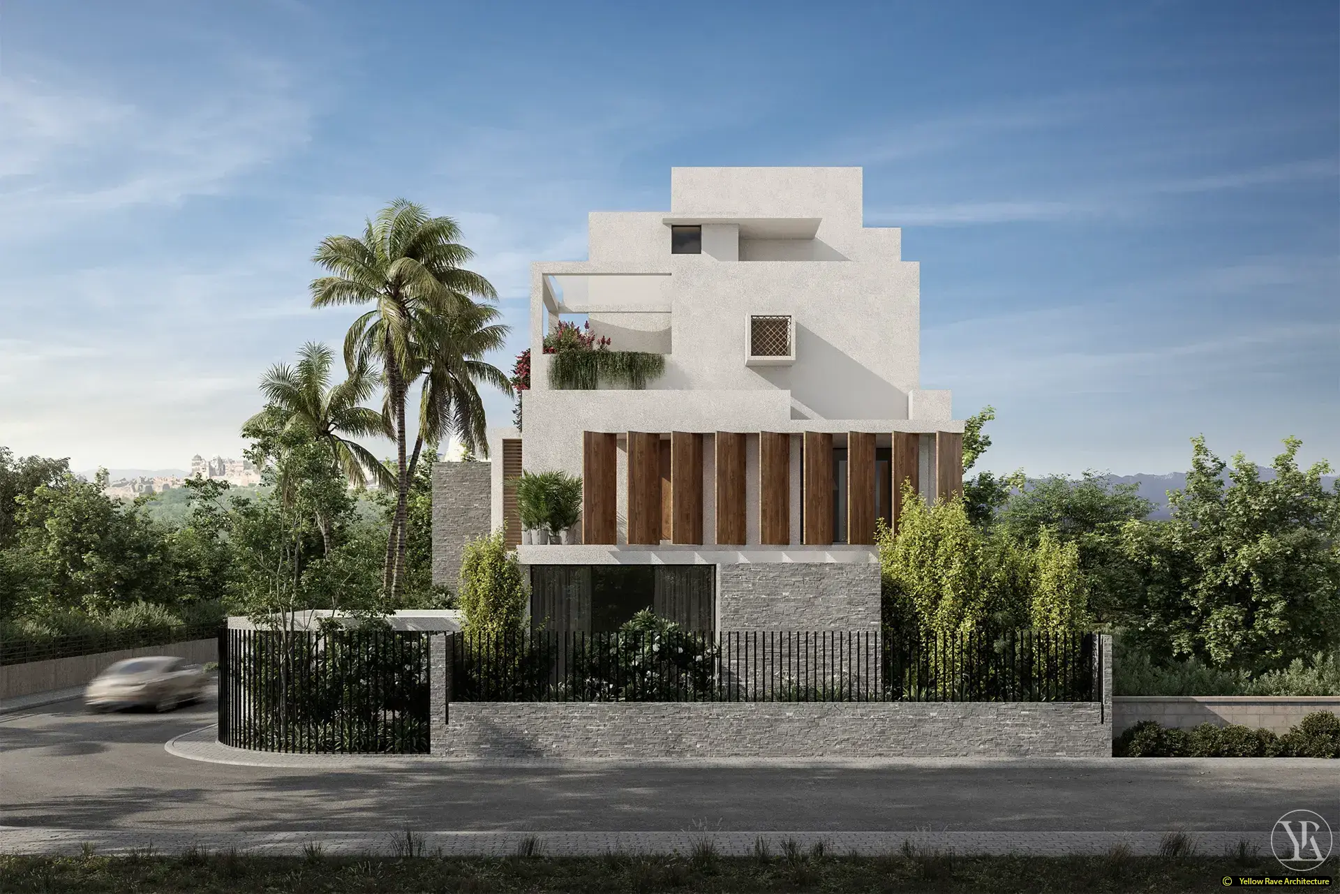 House of Views — master bedroom with grey upholstered bed, dark timber door panel, full-height glazing to the garden and swivel reading chair