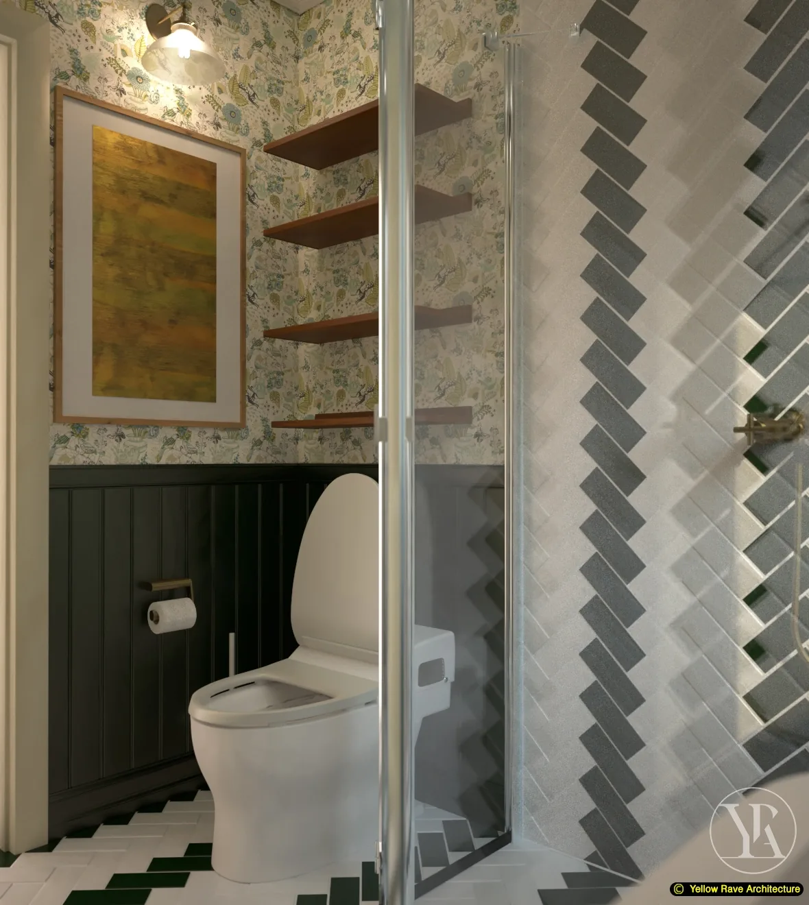 Green Bathroom — full room view showing dark green painted bead board, botanical wallpaper, herringbone shower and open timber shelves