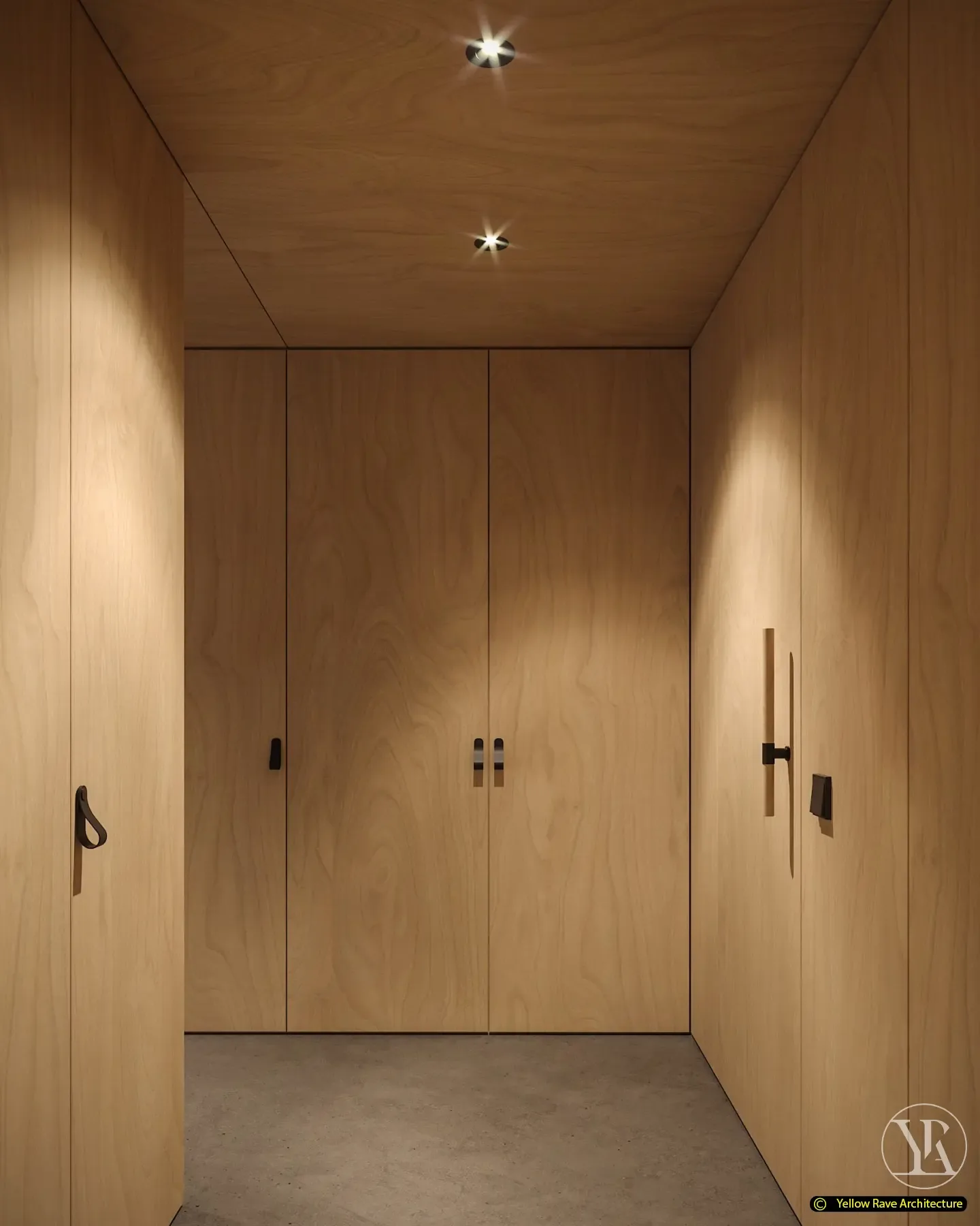 Yoga with Friends — practice room side view showing birch plywood wall panels, backlit focal wall, dark shelving unit with dried botanicals and grey mats in foreground