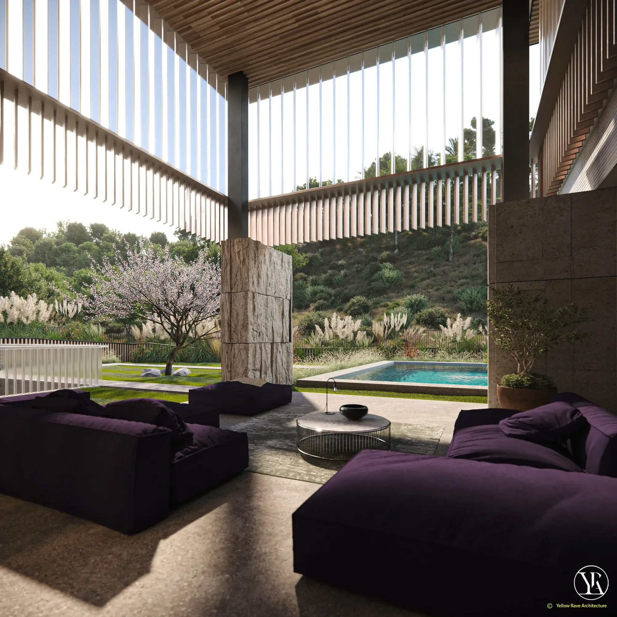 Heavy Stone — dusk render showing stone column and covered terrace with outdoor furniture and pool edge, Naivasha, concept render