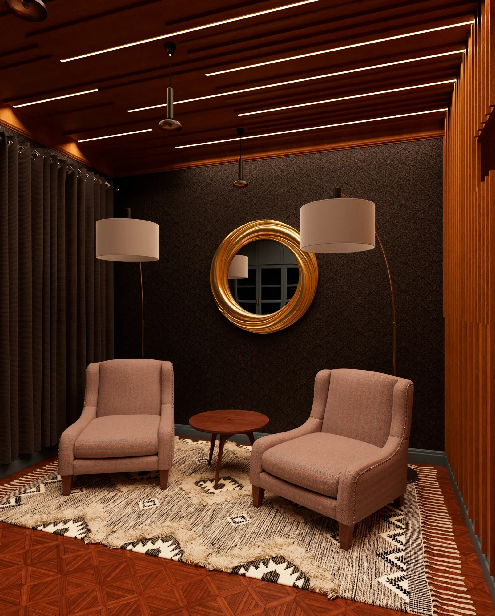 Prayer Room — seating area with gold-framed round mirror between two arc floor lamps against dark damask wallpaper
