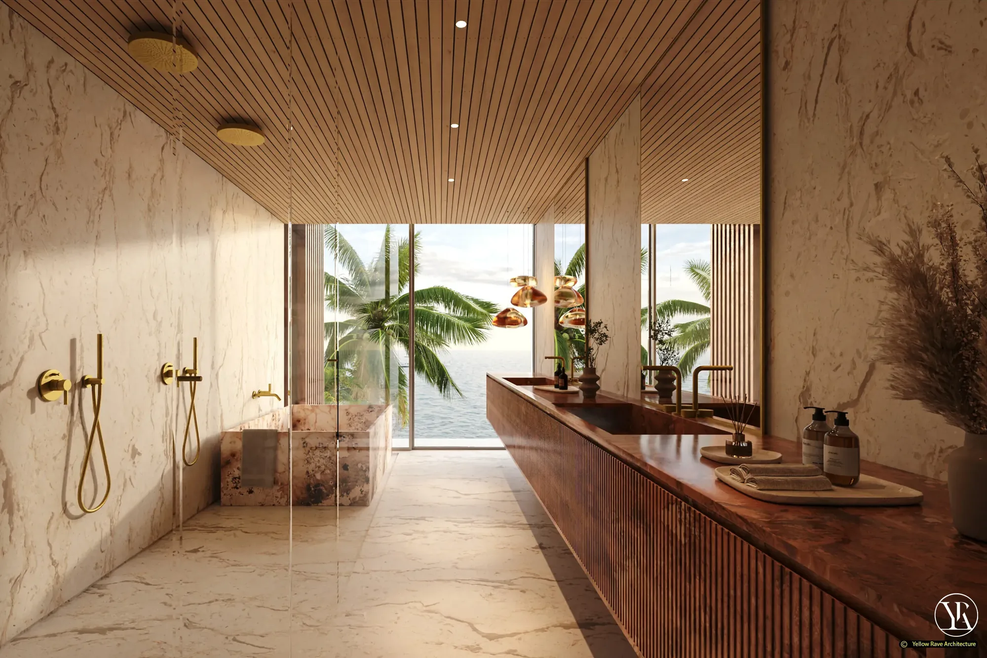 By the Diani Beach — main living room with curved sectional sofas, stone feature wall and full-height sea-facing glazing
