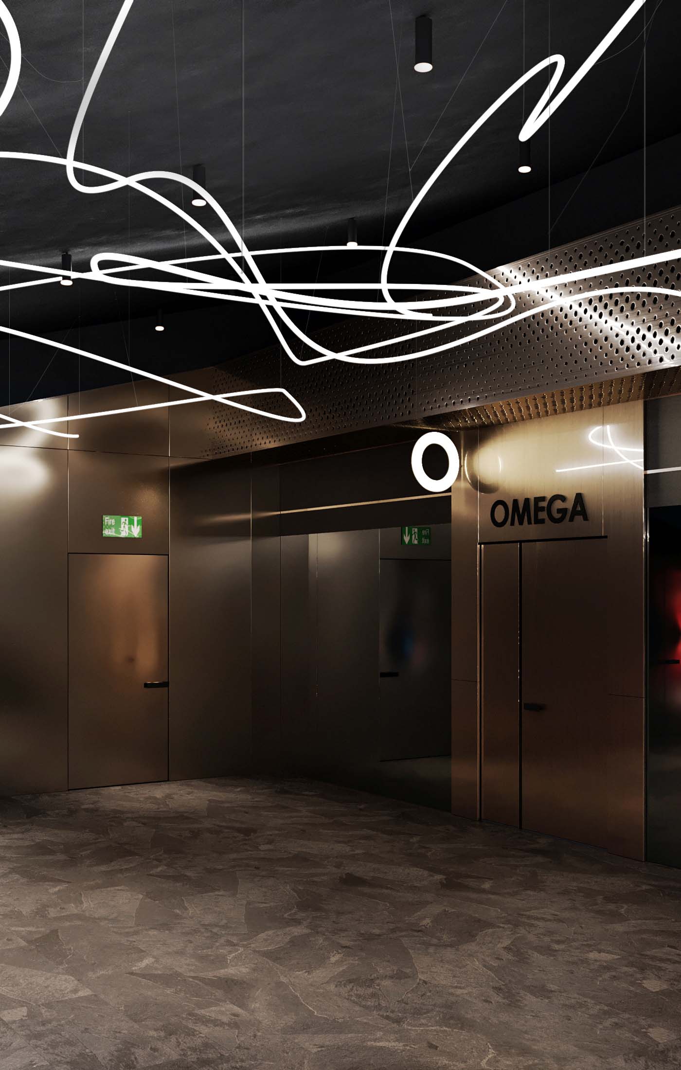 Cinema — Cinema Club bar beneath glazed ceiling grid with long bar counter, bar stools and bottle display