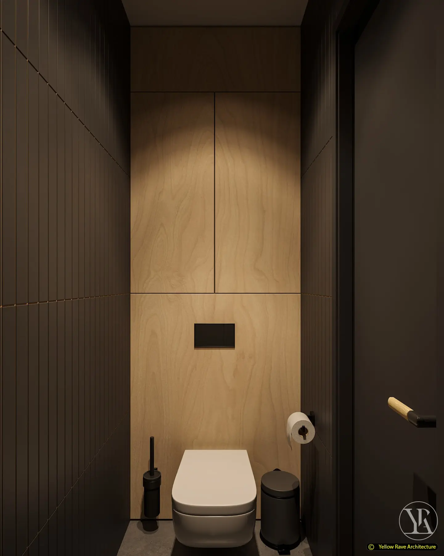 Yoga with Friends — storage corridor with full-height birch plywood panel doors on both sides and recessed ceiling downlights